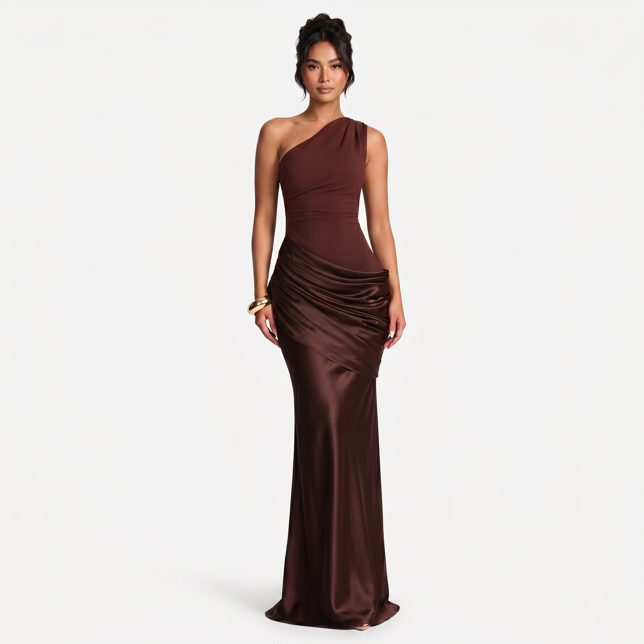 draped satin maxi dress Women's One Shoulder Draped Satin Maxi Dress – Birchbourne