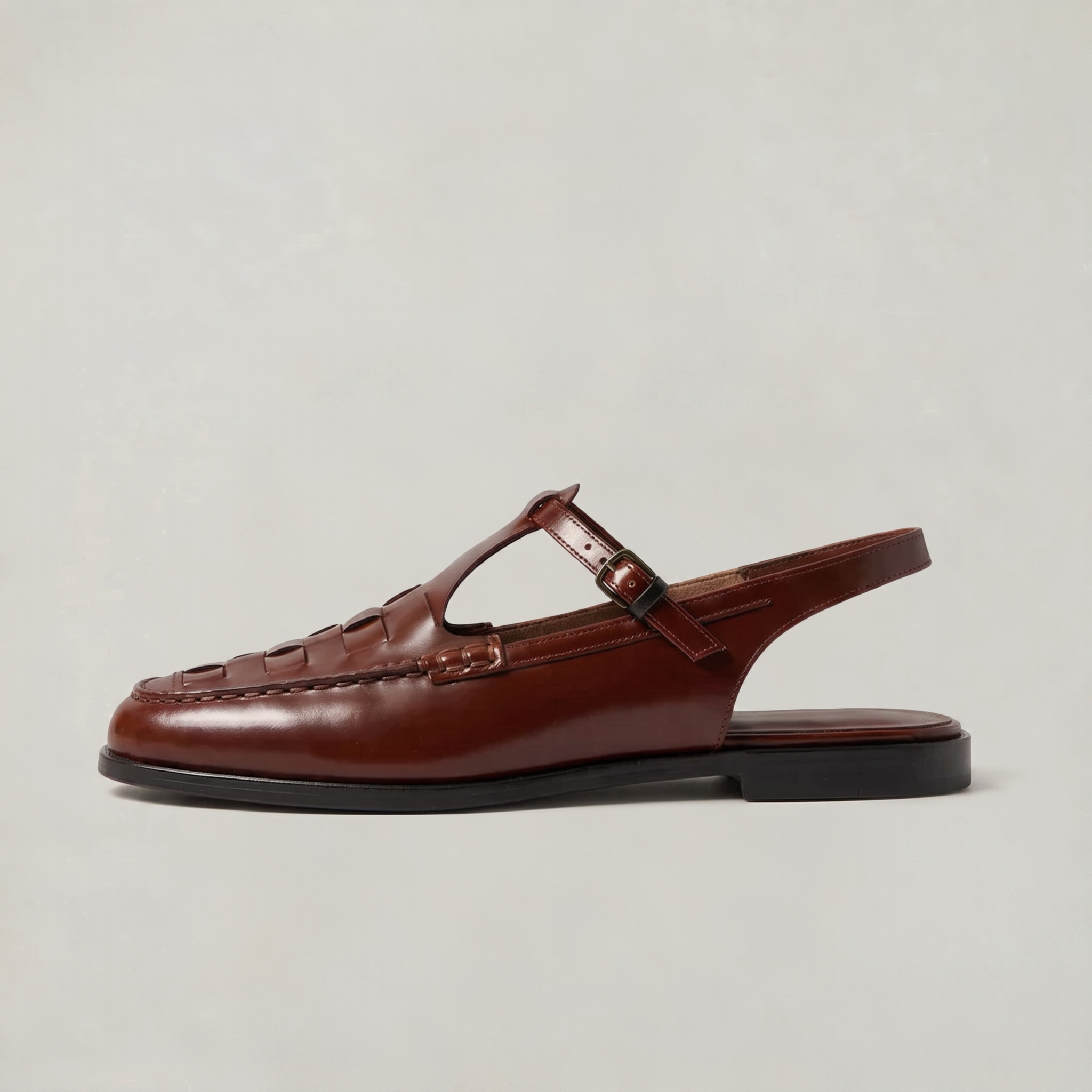 Women's Woven Leather Slingback Sandals - Flat Buckle T-Bar Loafer Sandals