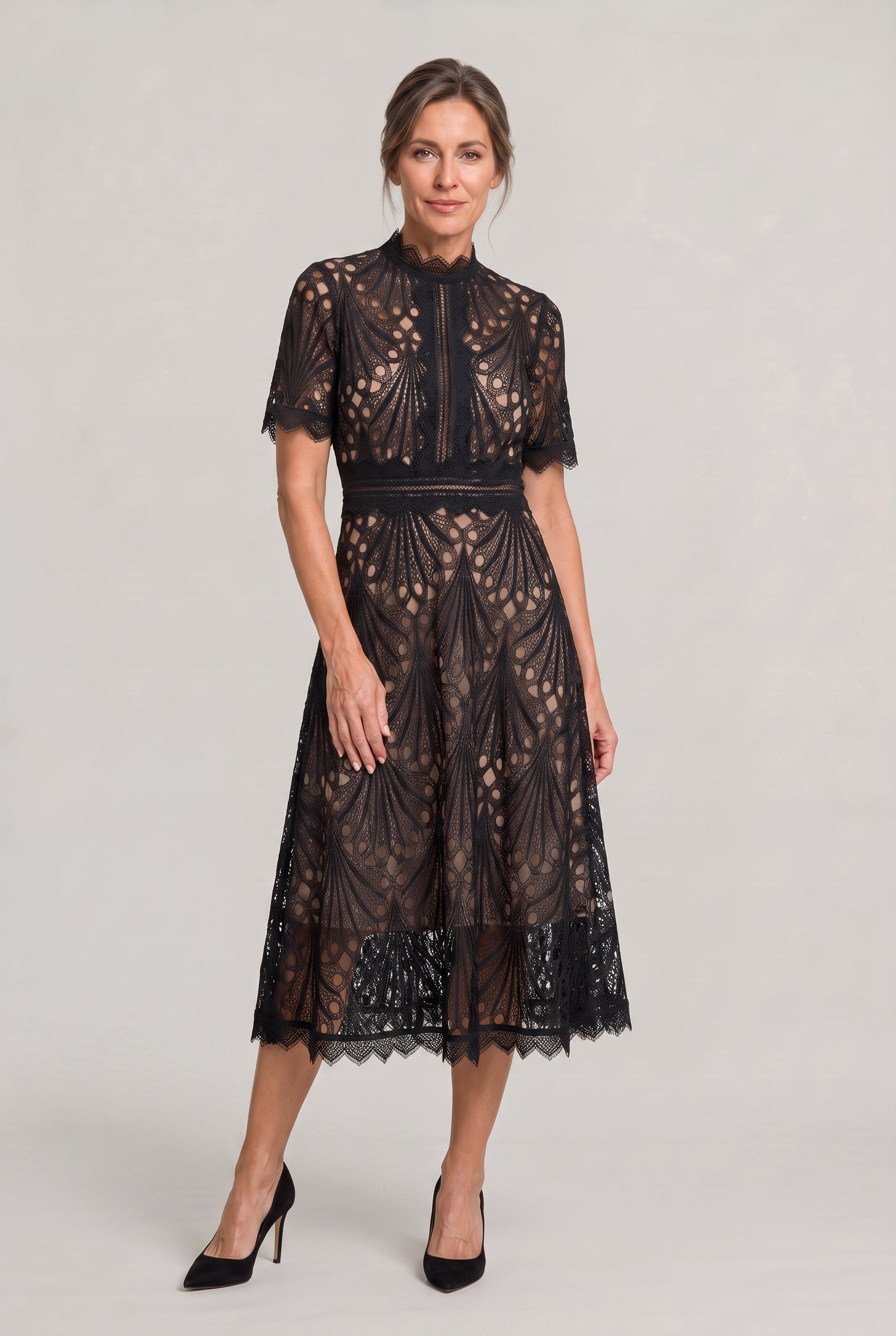 Women’s Elegant Lace Midi Dress – High Neck Silhouette with Refined Cutwork Detail