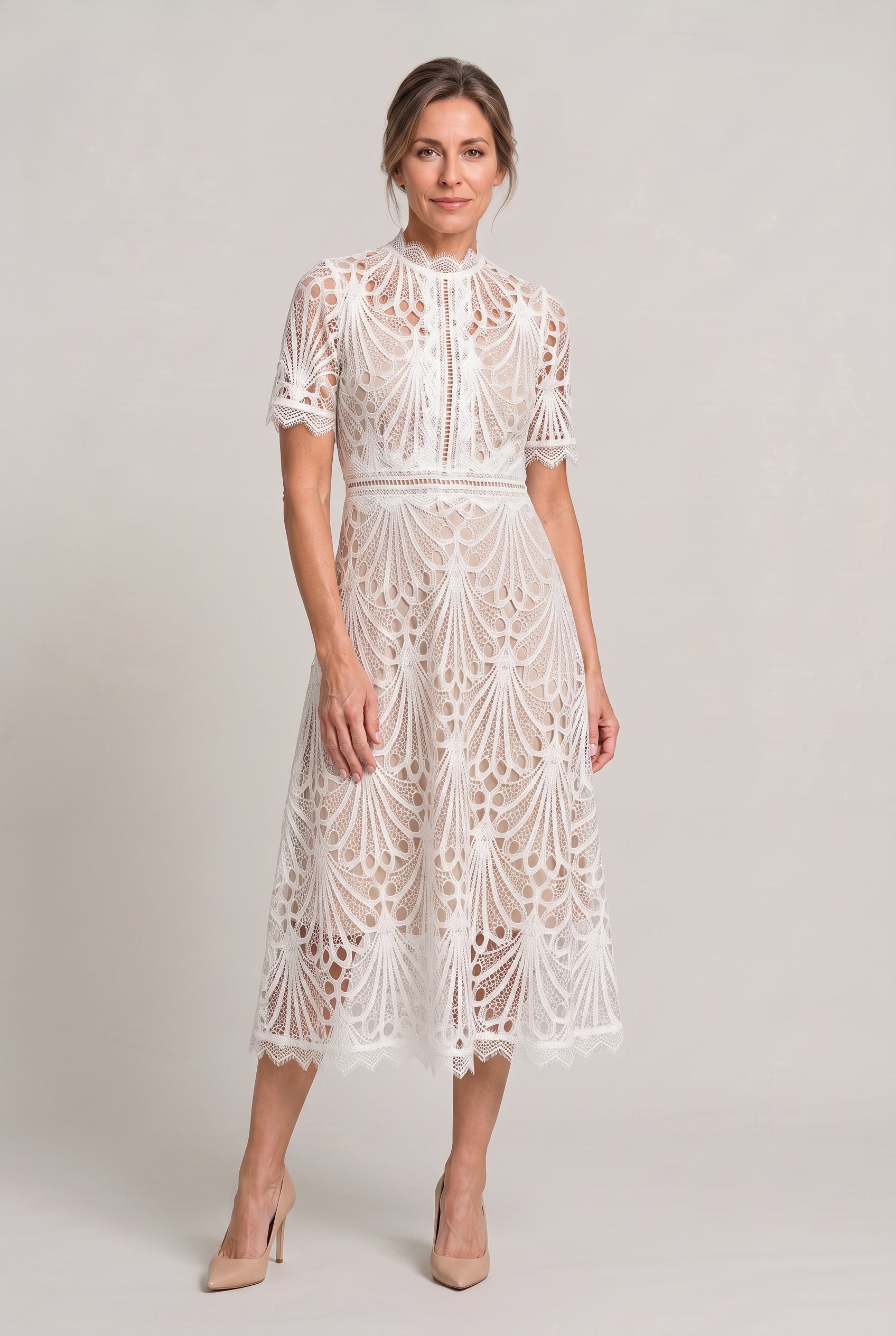 Women’s Elegant Lace Midi Dress – High Neck Silhouette with Refined Cutwork Detail