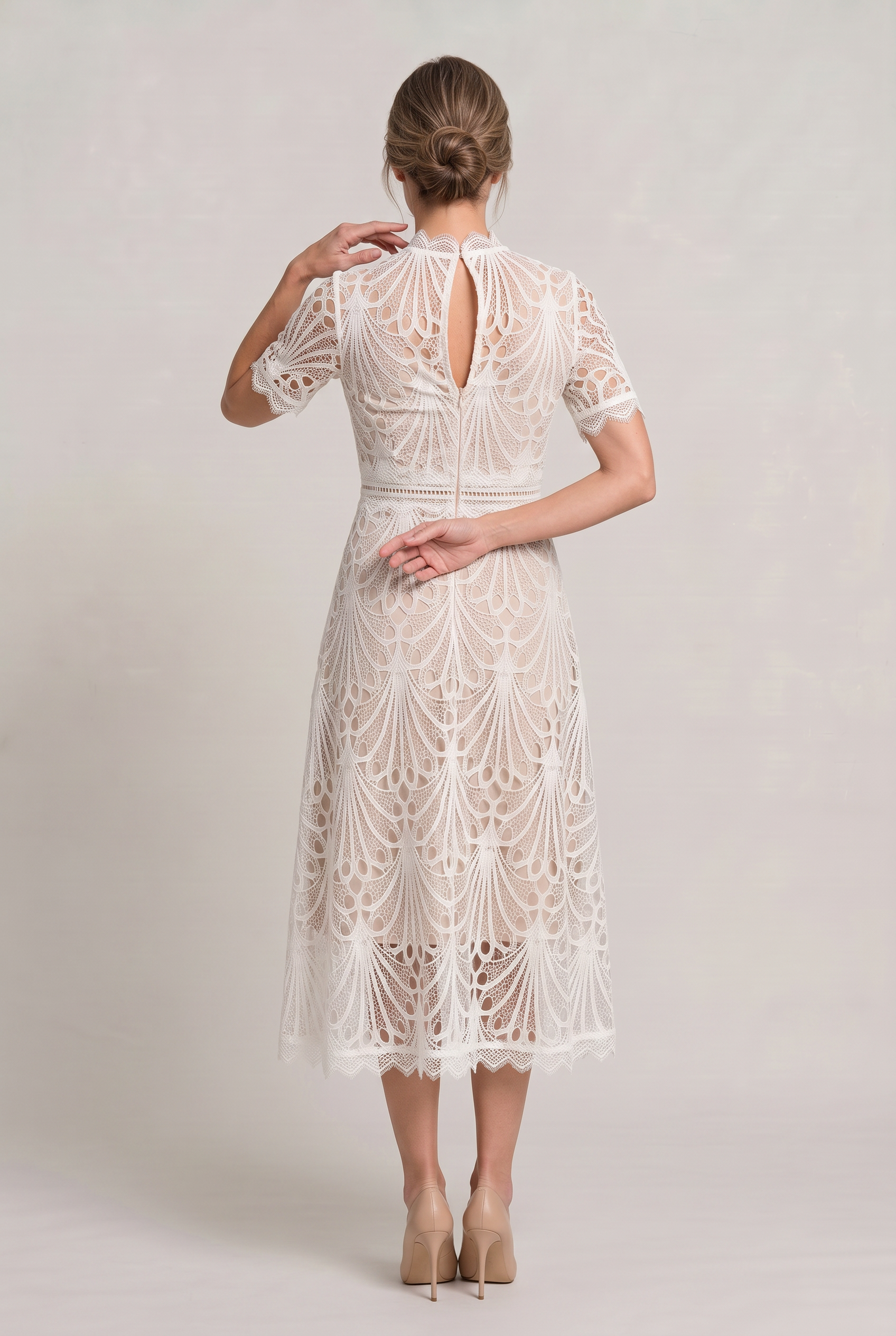 Women’s Elegant Lace Midi Dress – High Neck Silhouette with Refined Cutwork Detail