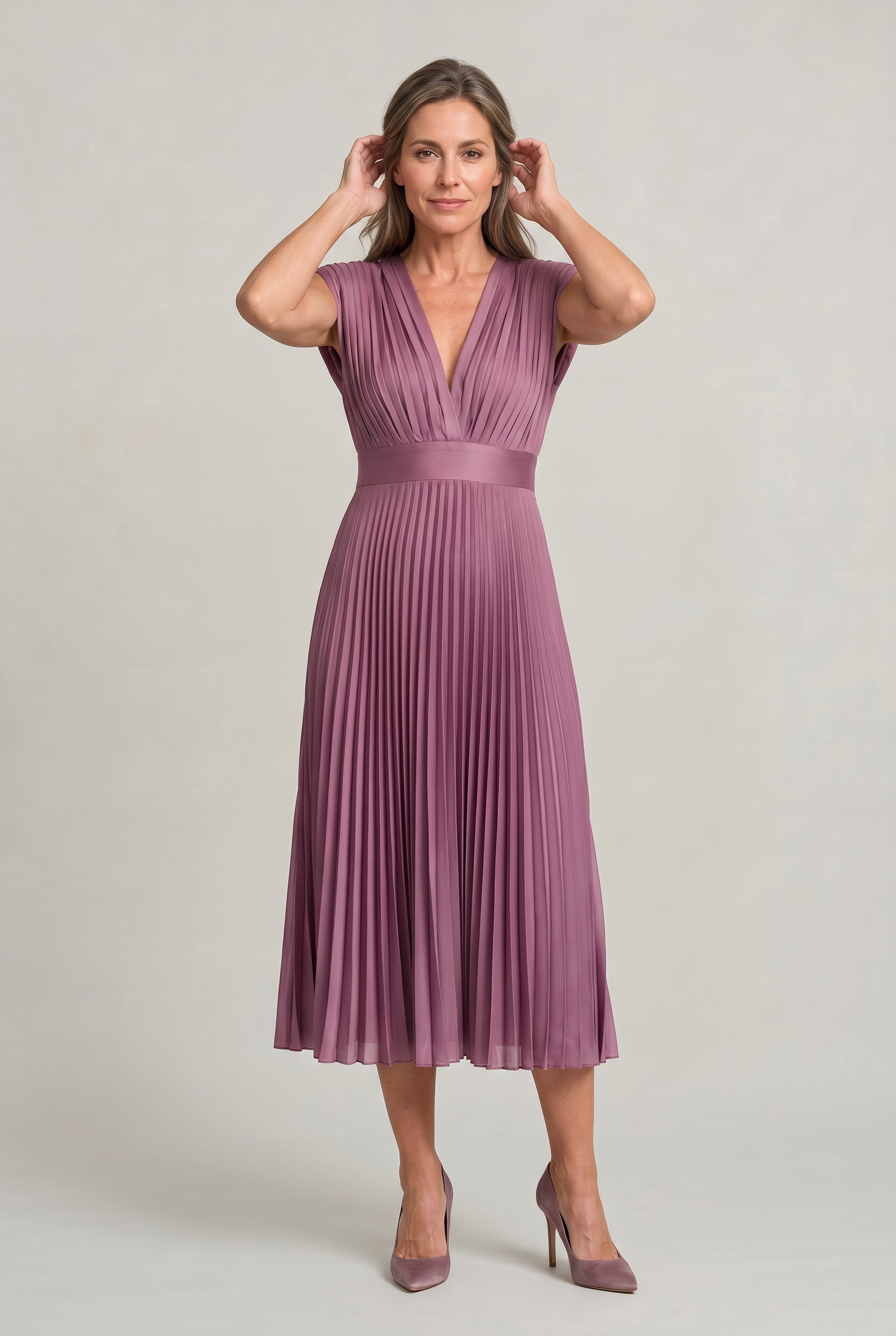 Women’s Pleated Midi V-Neck Wedding Guest Dress