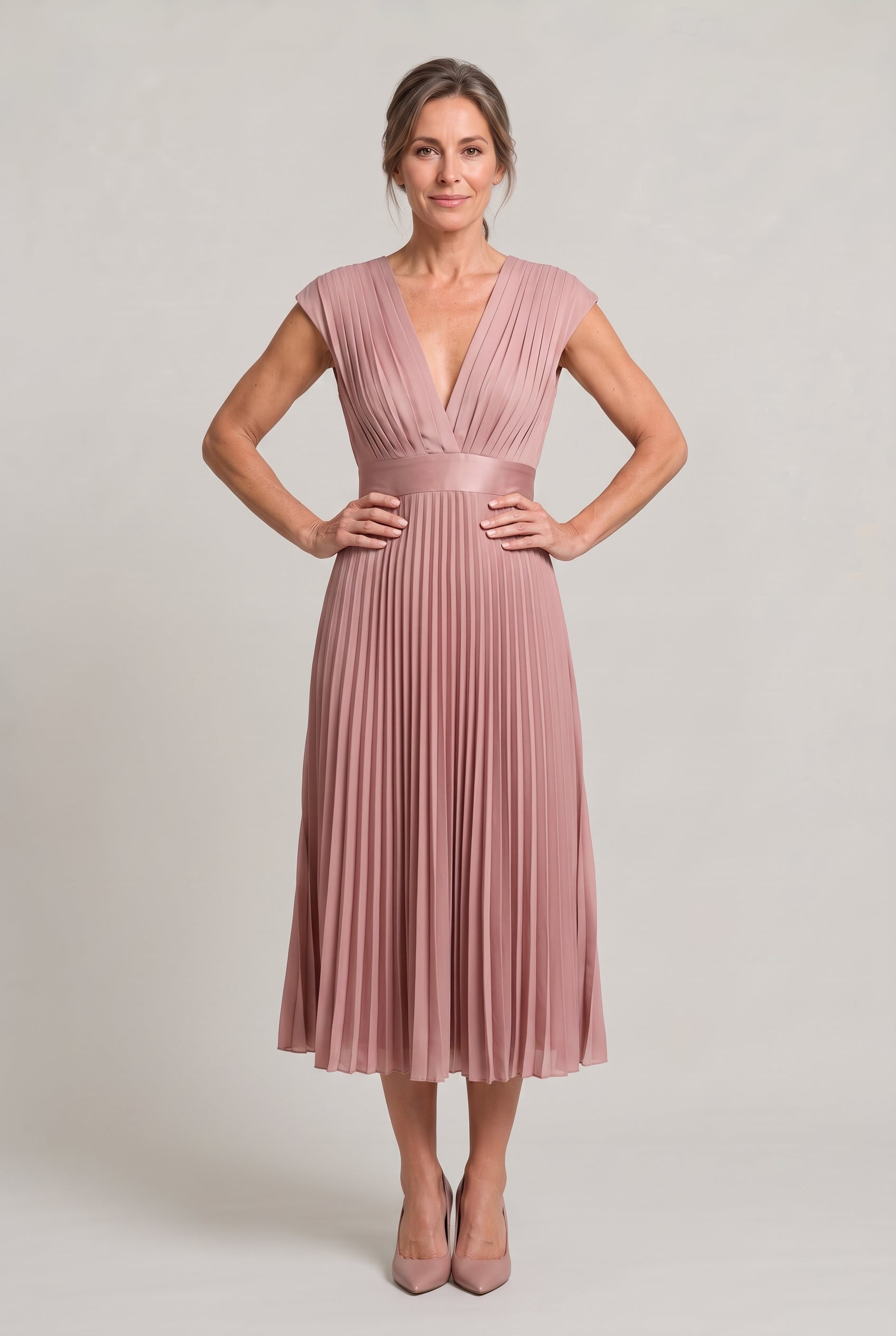 Women’s Pleated Midi V-Neck Wedding Guest Dress