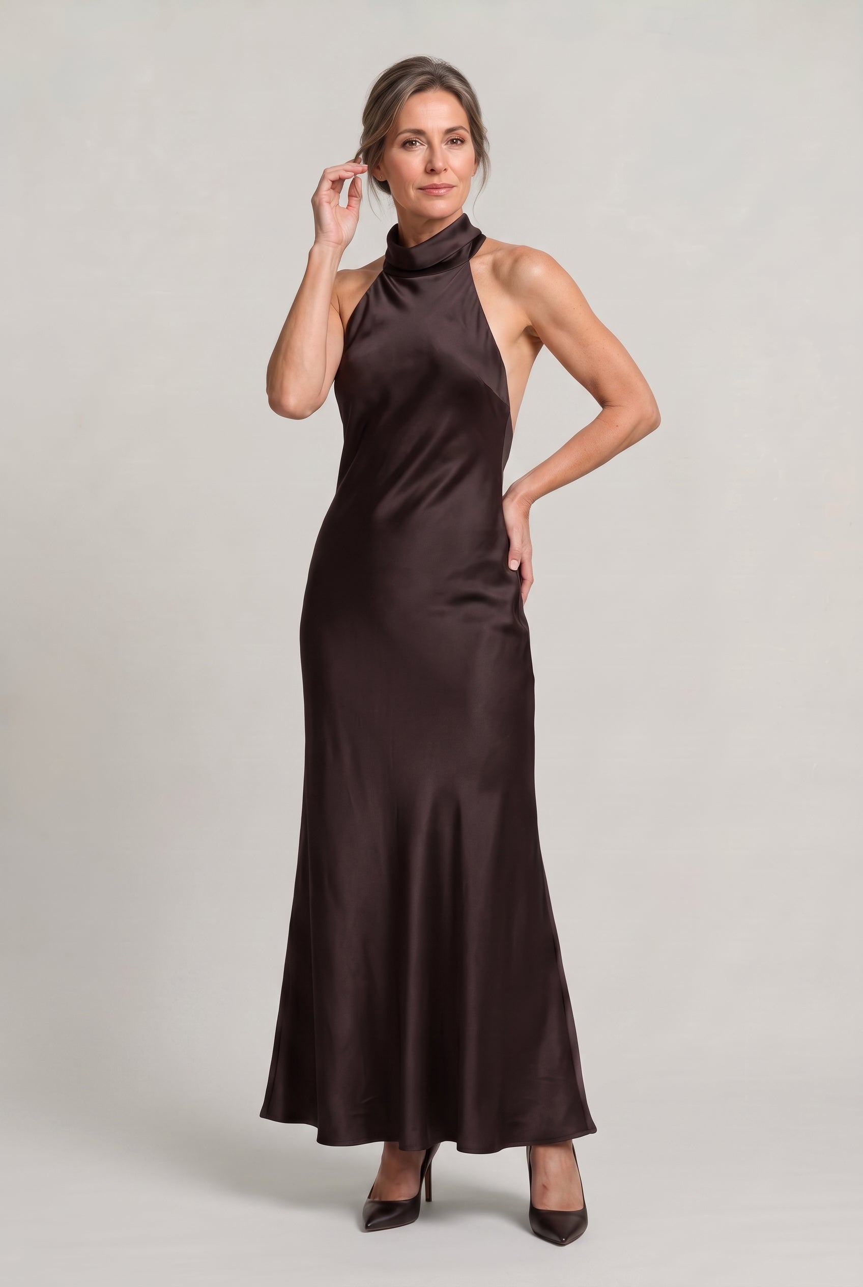 Women's Satin Halter Maxi Dress - Open Back Cowl Neck Formal Evening Gown