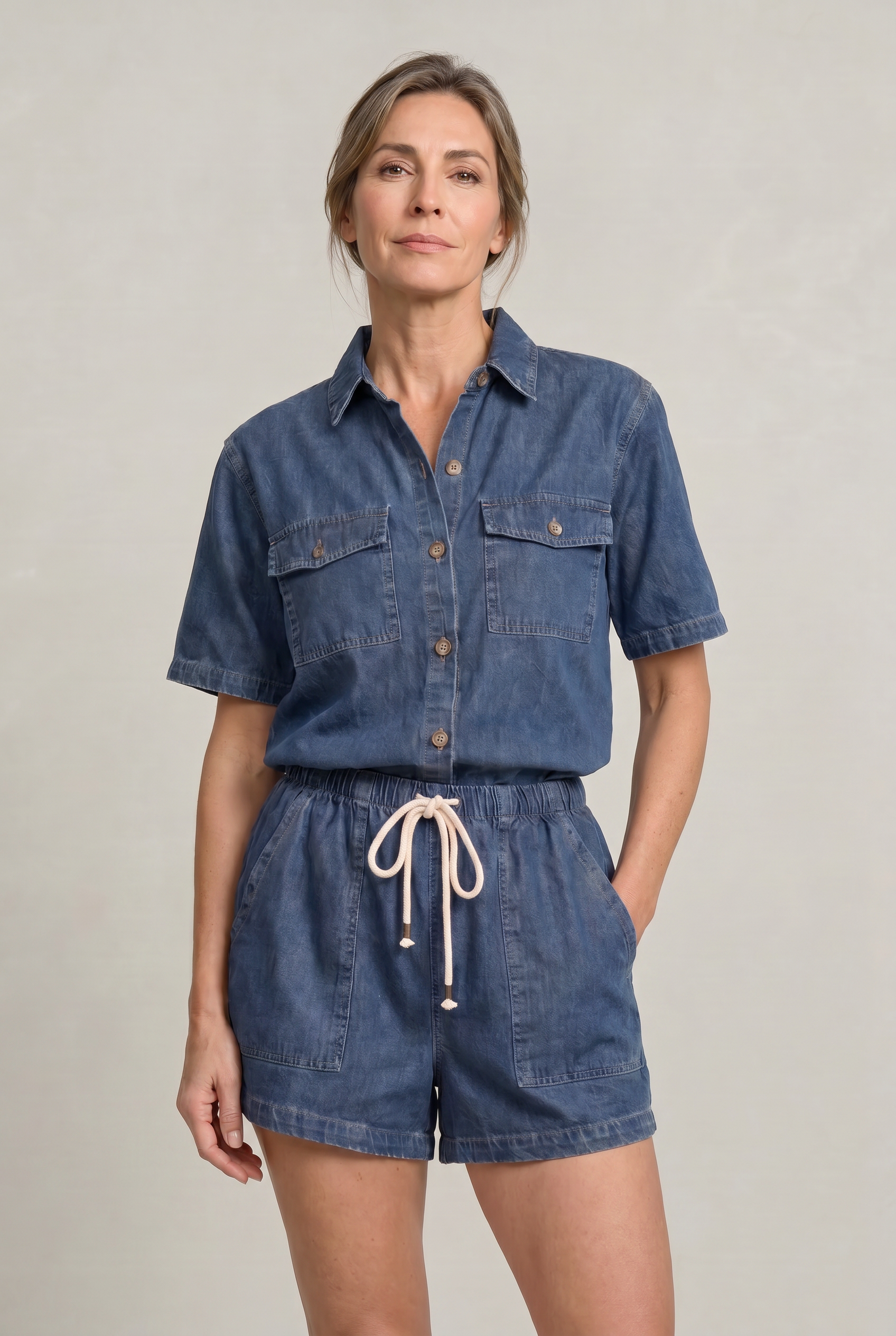 Women's Denim Short Sleeve Shirt and Shorts Two Piece Set