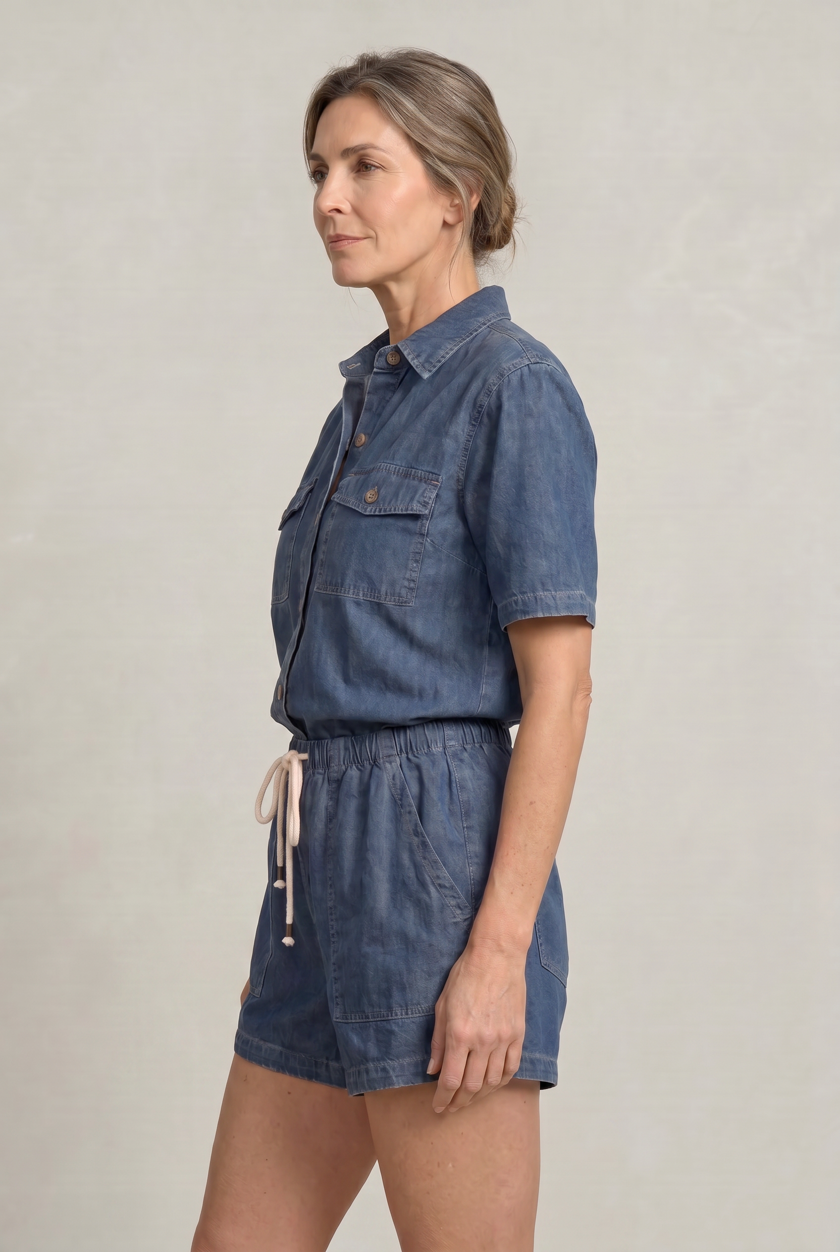 Women's Denim Short Sleeve Shirt and Shorts Two Piece Set
