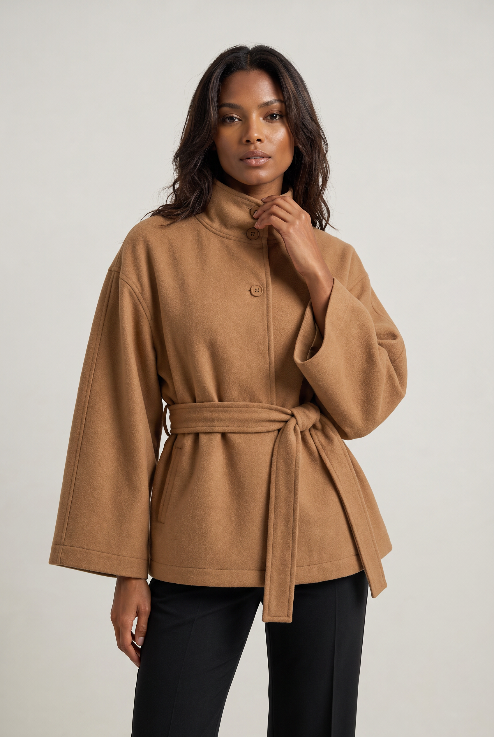 Women’s Belted Cape Jacket - Stand Collar Coat