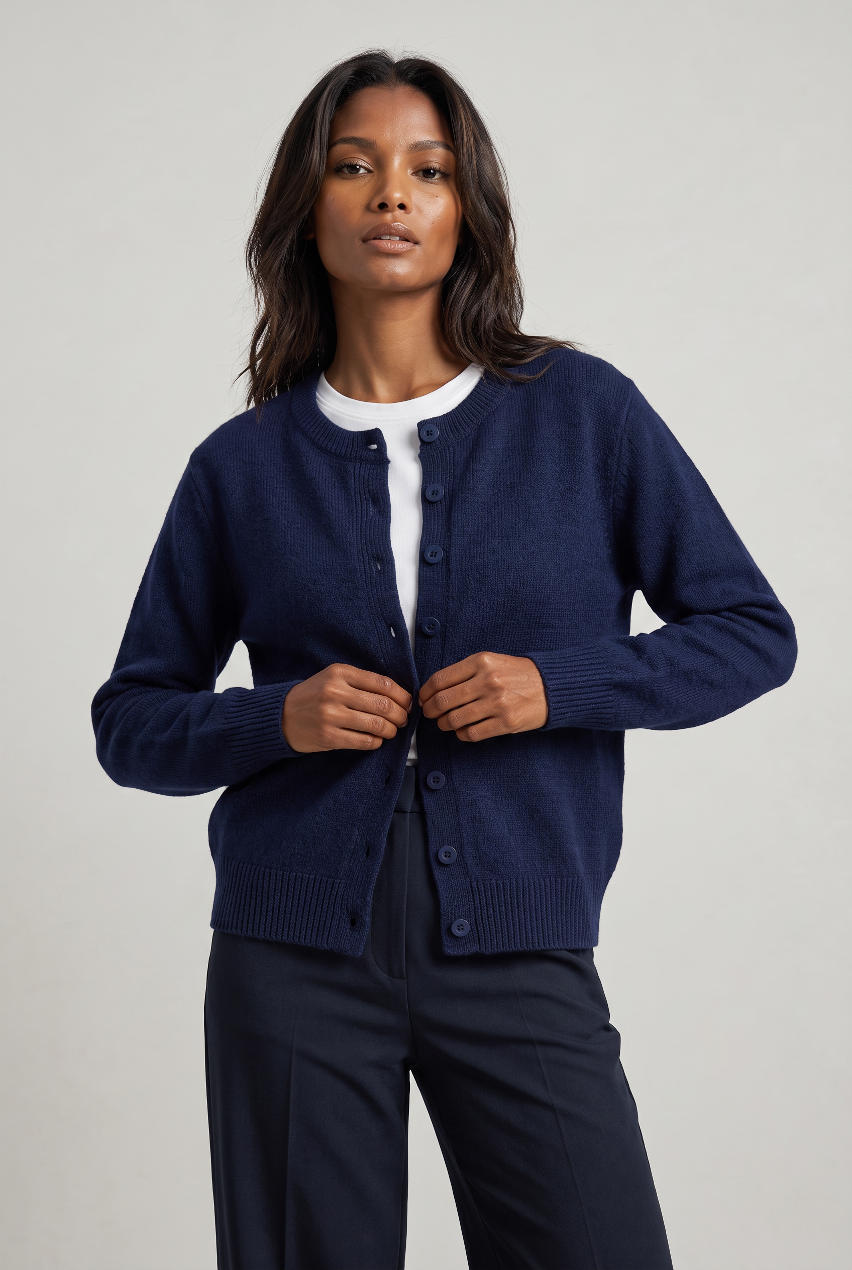 Women's Cropped Button Cardigan – Crew Neck Knitted Long Sleeve Jumper