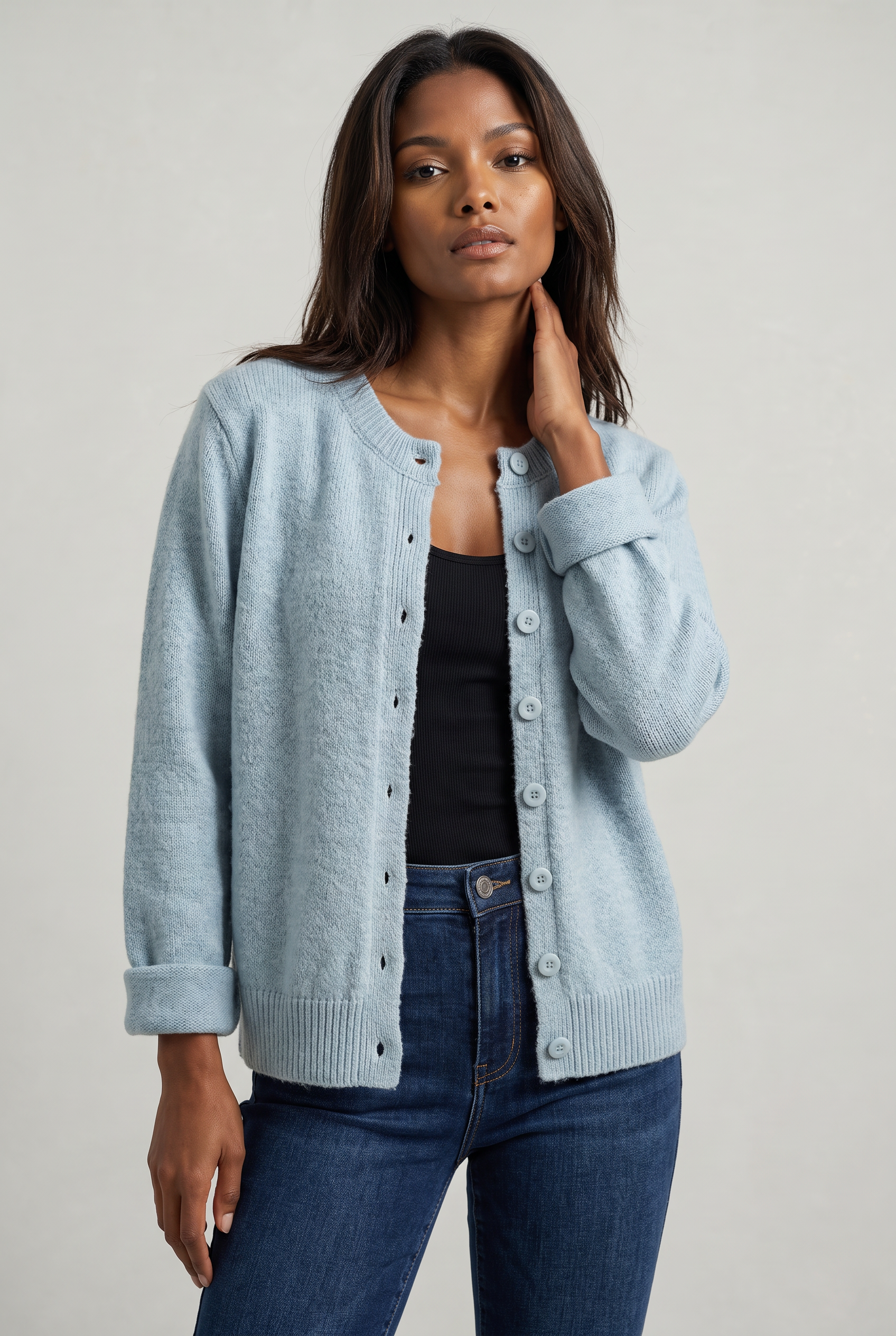 Women's Cropped Button Cardigan – Crew Neck Knitted Long Sleeve Jumper
