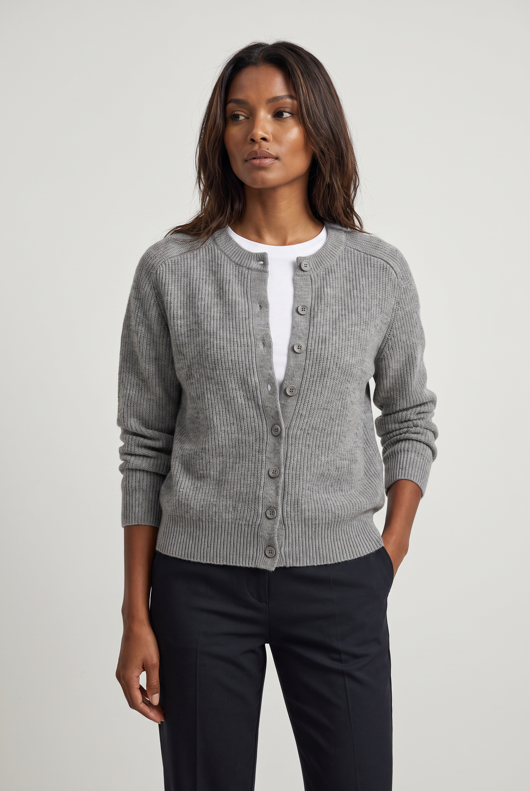 Women's Cropped Button Cardigan – Crew Neck Knitted Long Sleeve Jumper