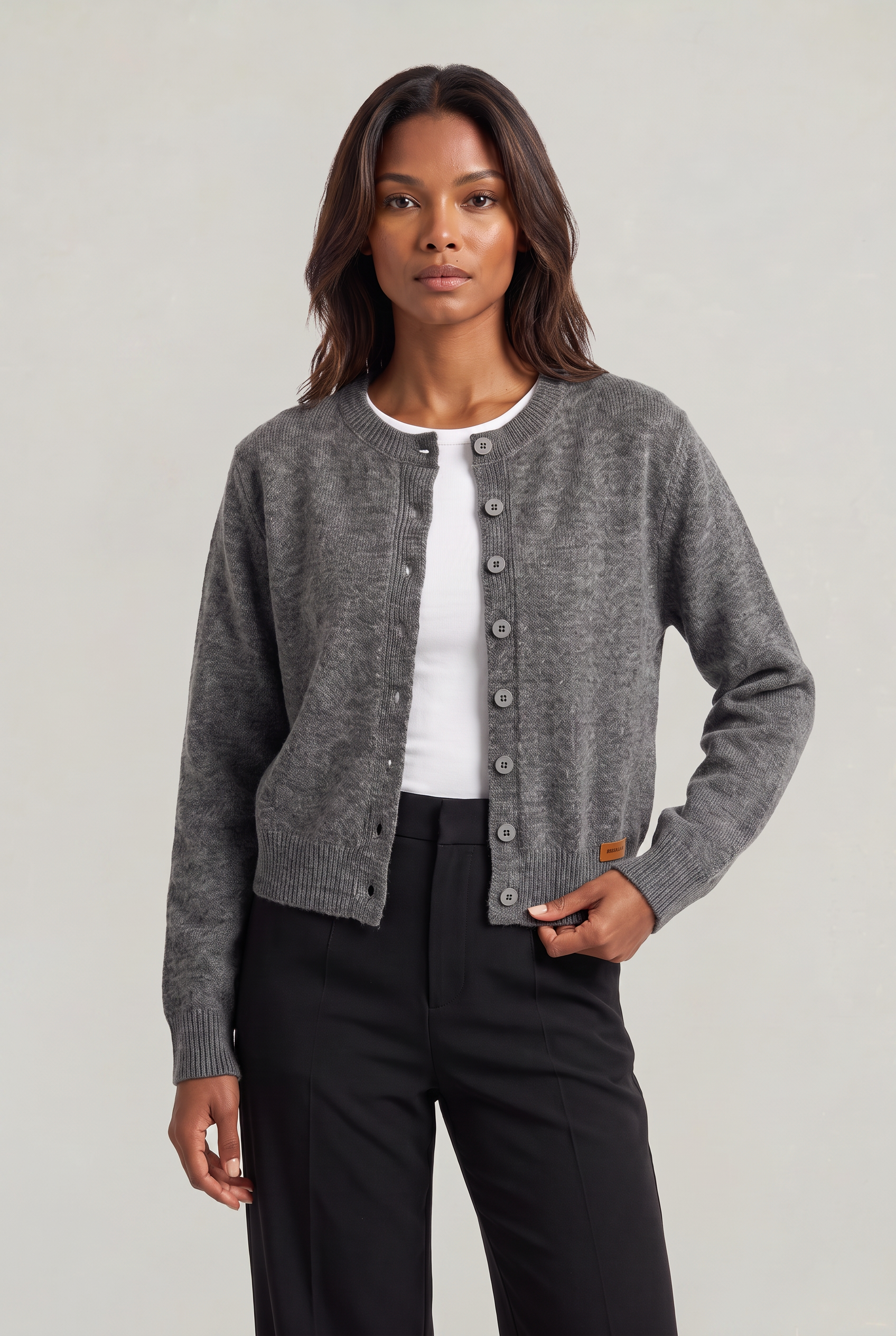 Women's Cropped Button Cardigan – Crew Neck Knitted Long Sleeve Jumper