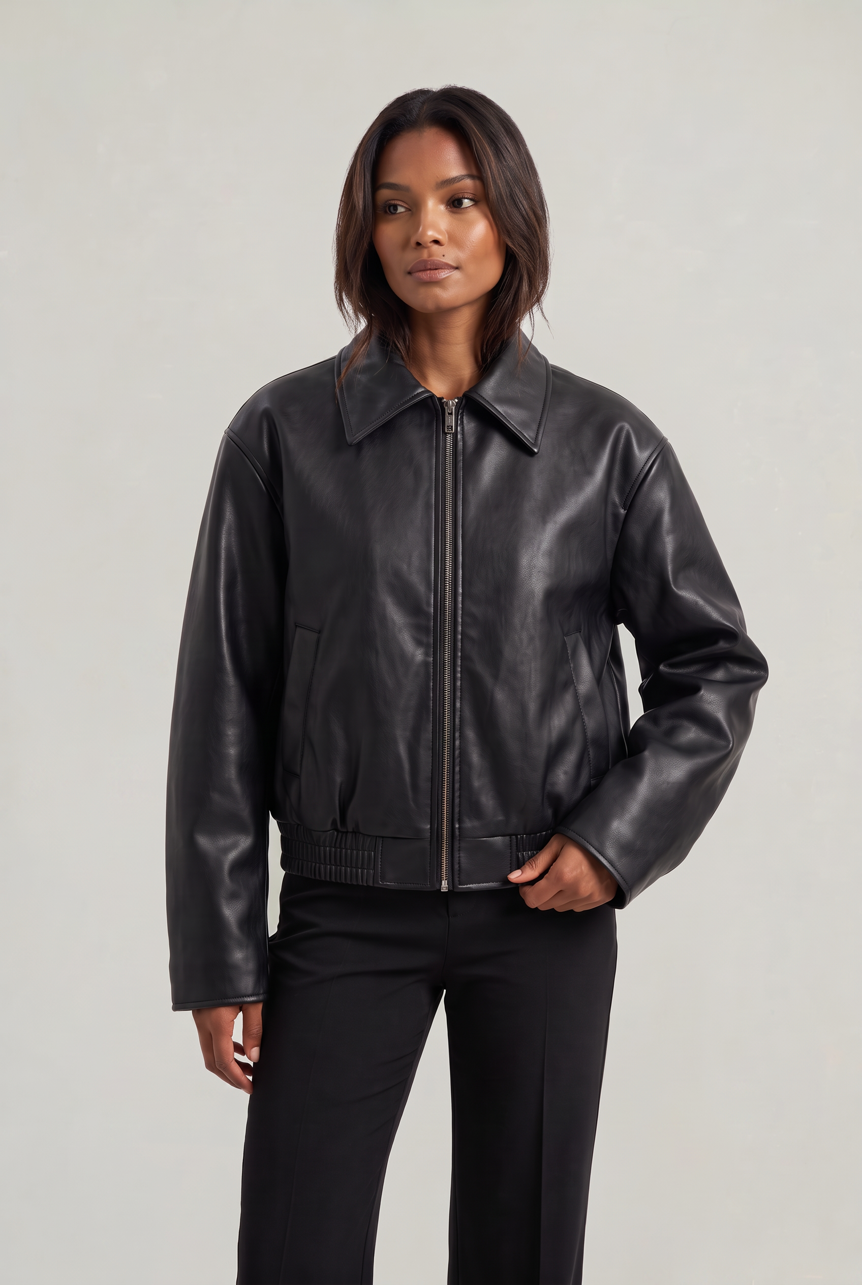 Women's Faux Leather Oversized Jacket – Vintage Zip-Up Biker Jacket