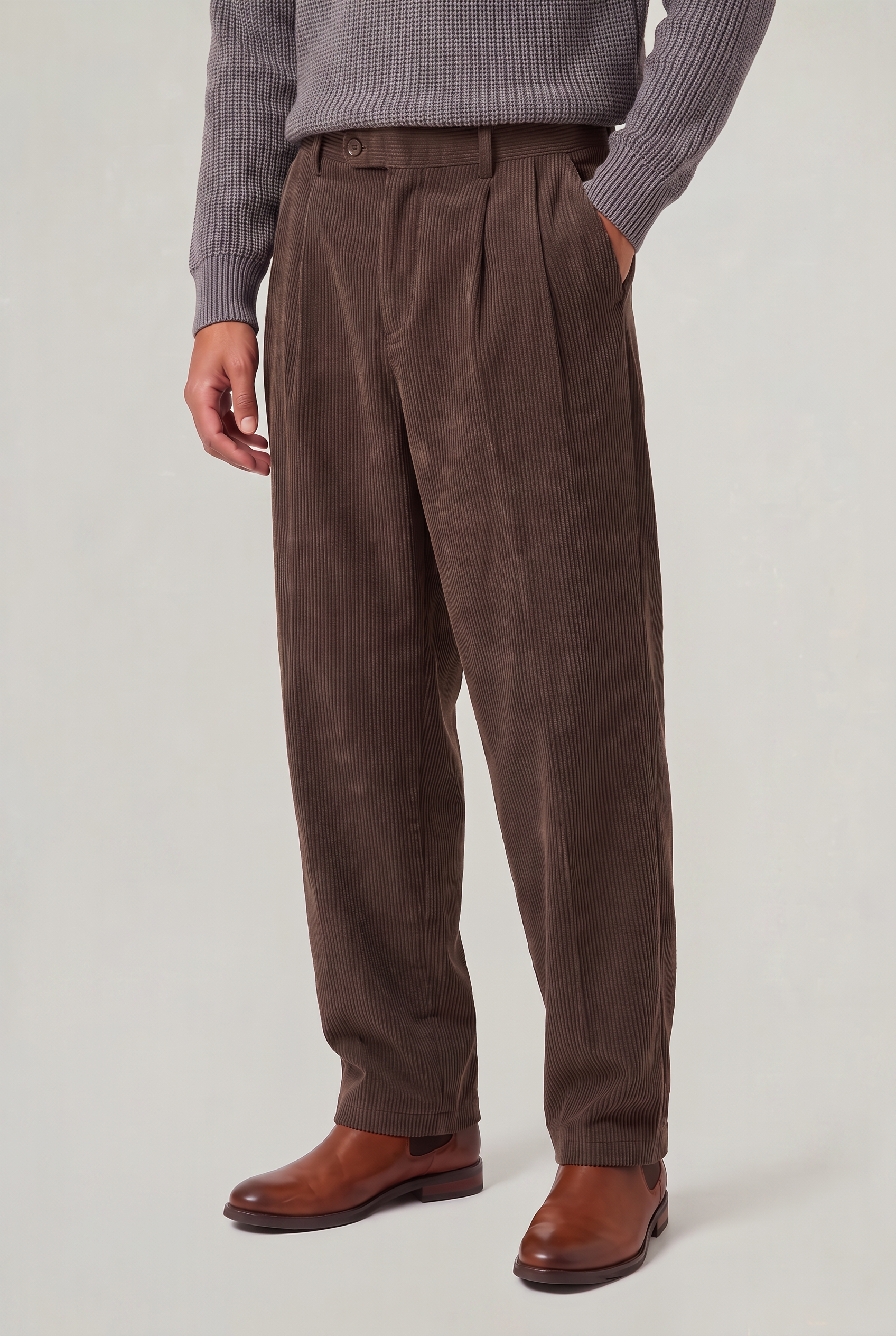 Men's Corduroy Trousers - Wide Leg Pleated Cord Trousers