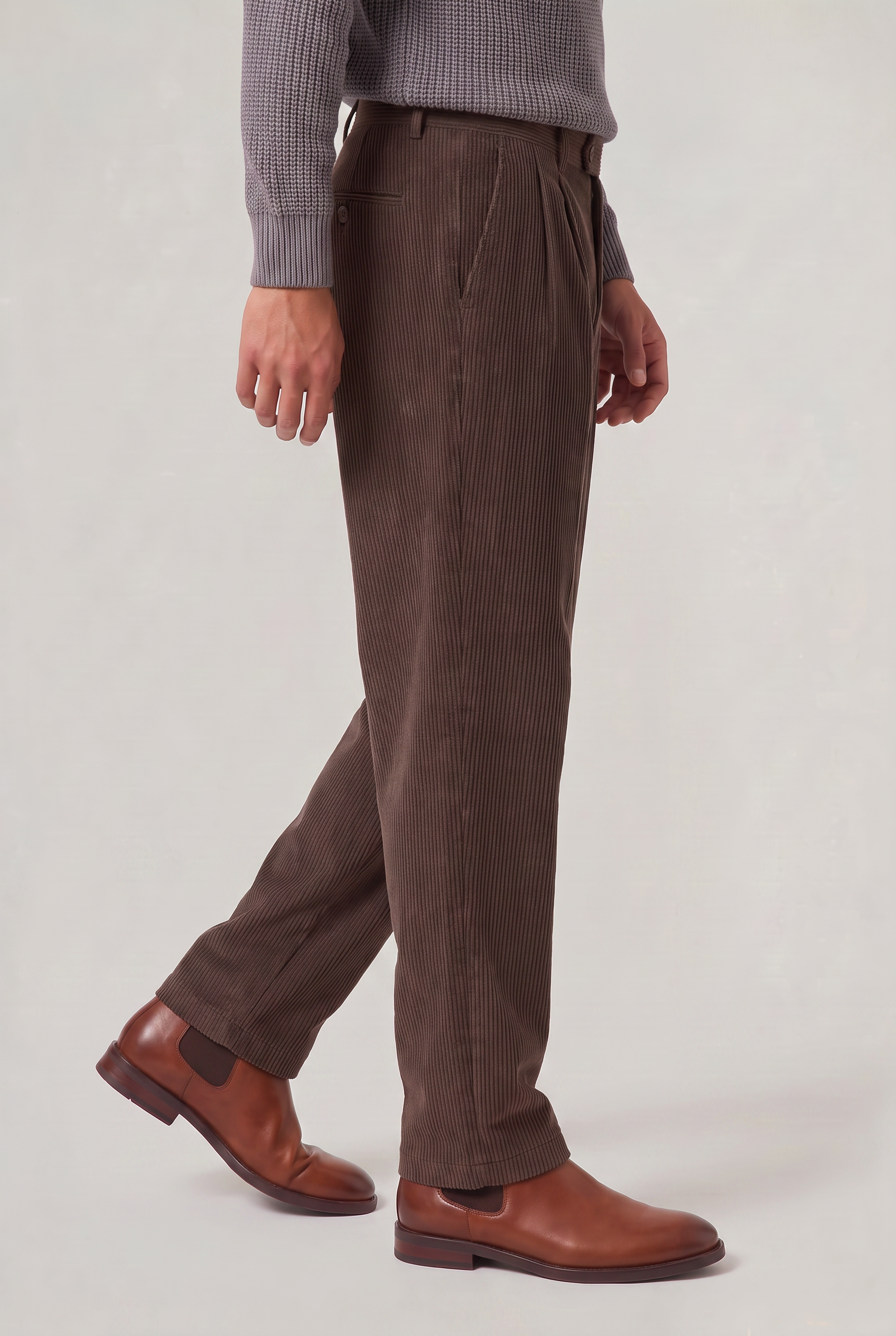 Men's Corduroy Trousers - Wide Leg Pleated Cord Trousers