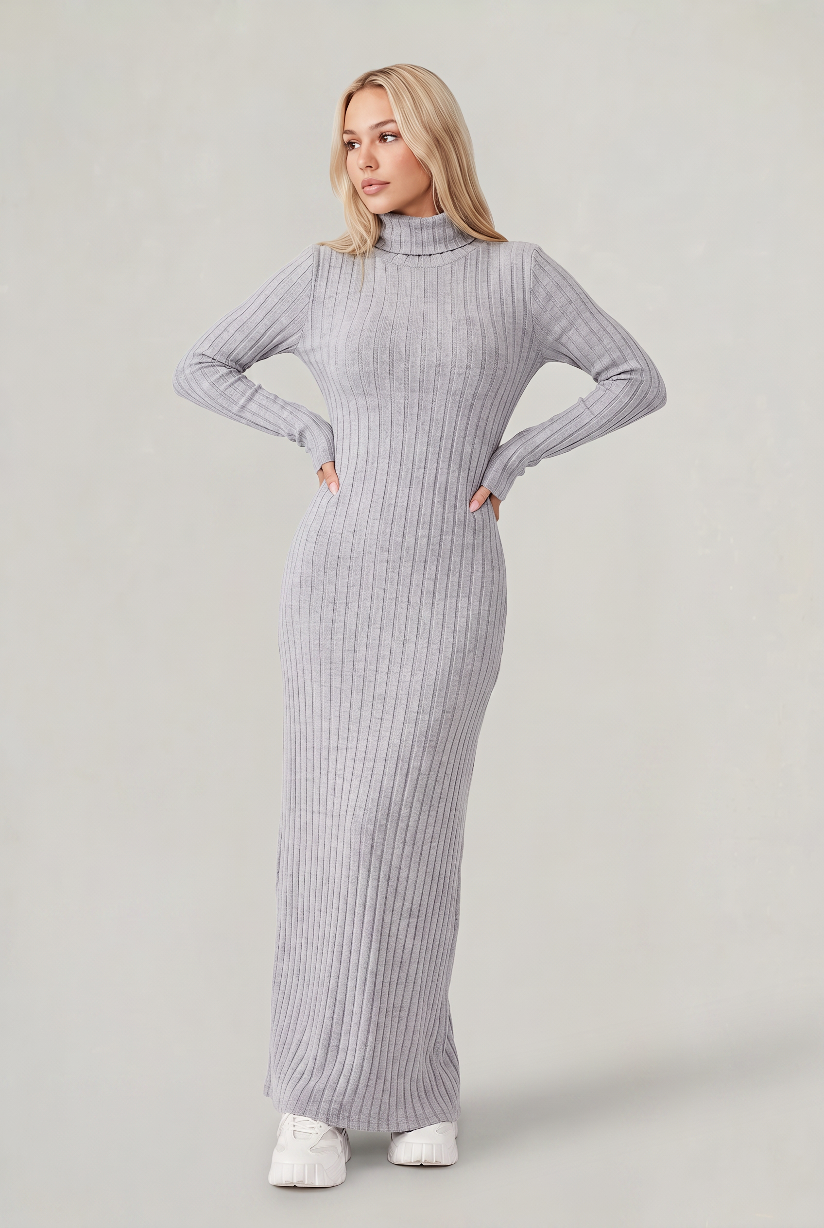 Women’s Knitted Midi Dress Long Sleeve Polo Collar Ribbed