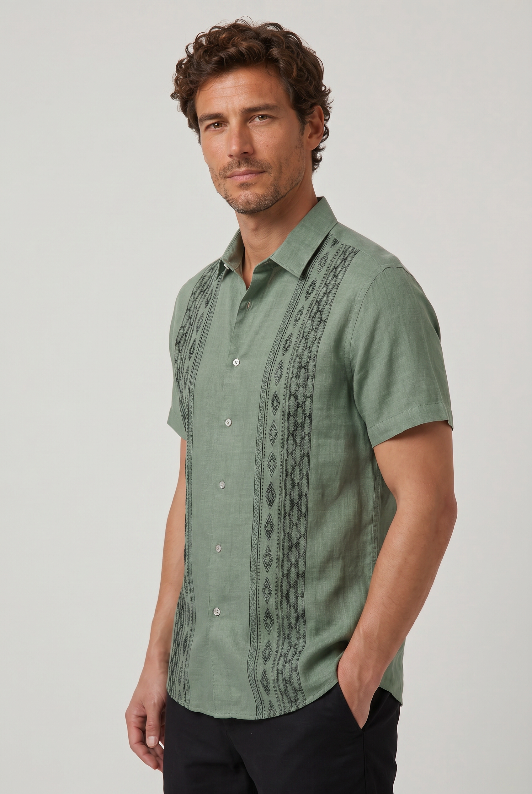 Men's Green Embroidered Shirt - Short Sleeve Aztec Print Button Up Summer Shirt