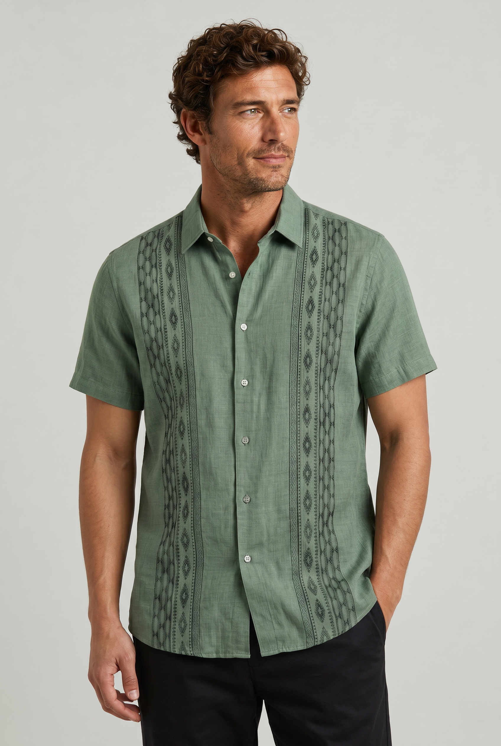 Men's Green Embroidered Shirt - Short Sleeve Aztec Print Button Up Summer Shirt