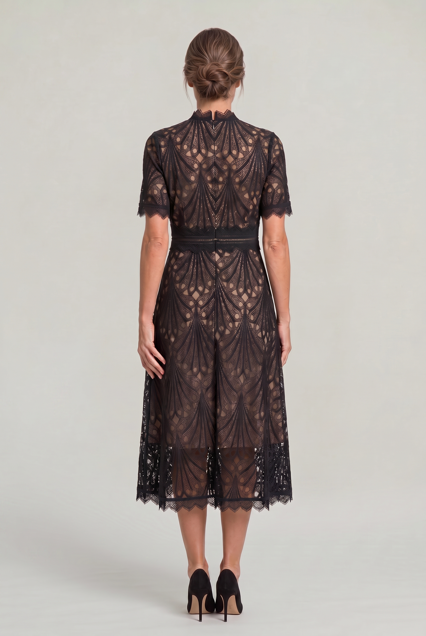 Women’s Elegant Lace Midi Dress – High Neck Silhouette with Refined Cutwork Detail