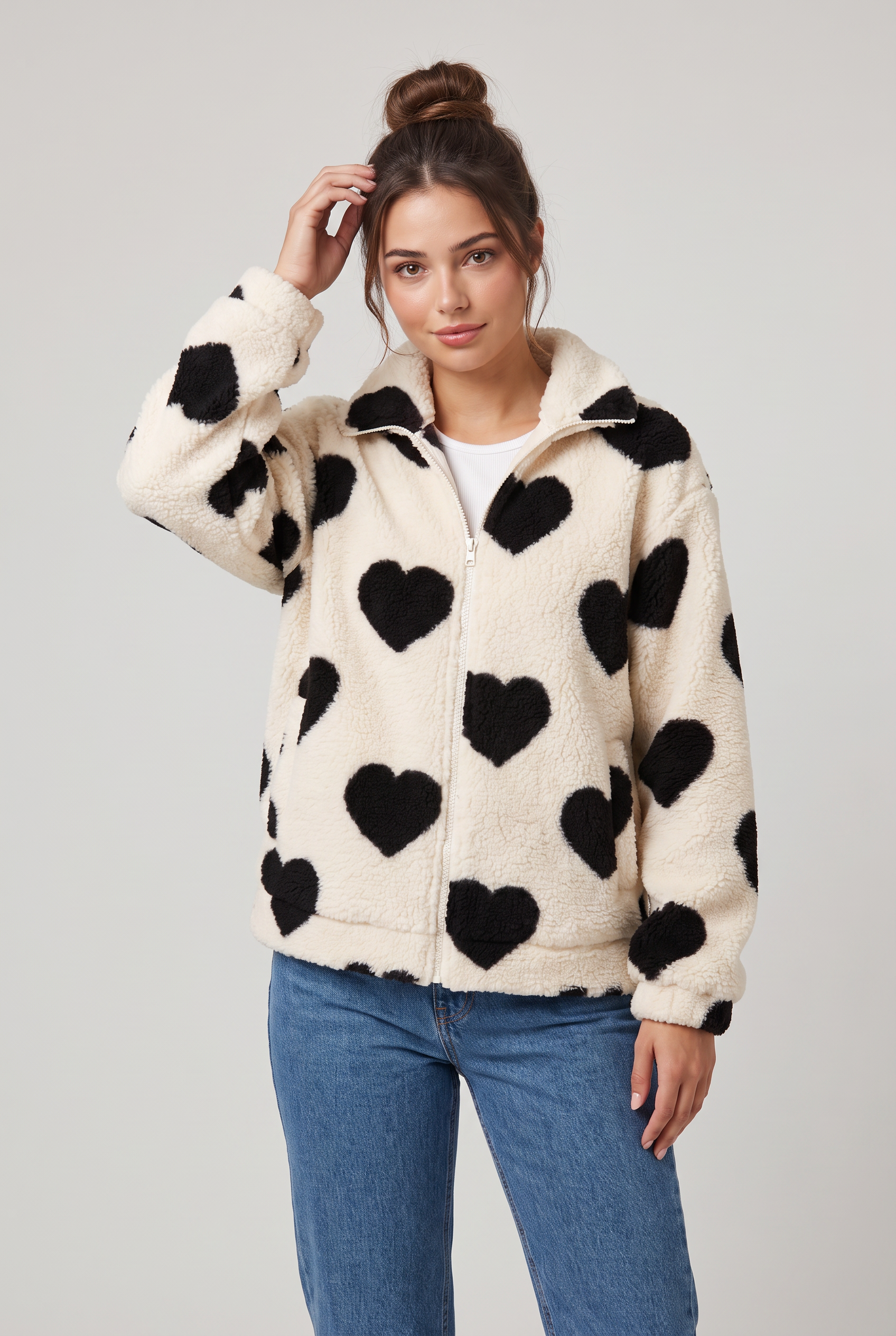 Women's Heart Print Teddy Fleece Jacket