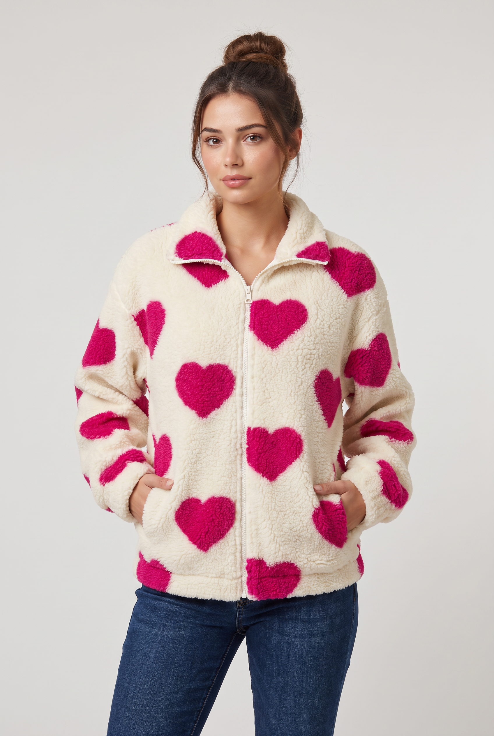 Women's Heart Print Teddy Fleece Jacket