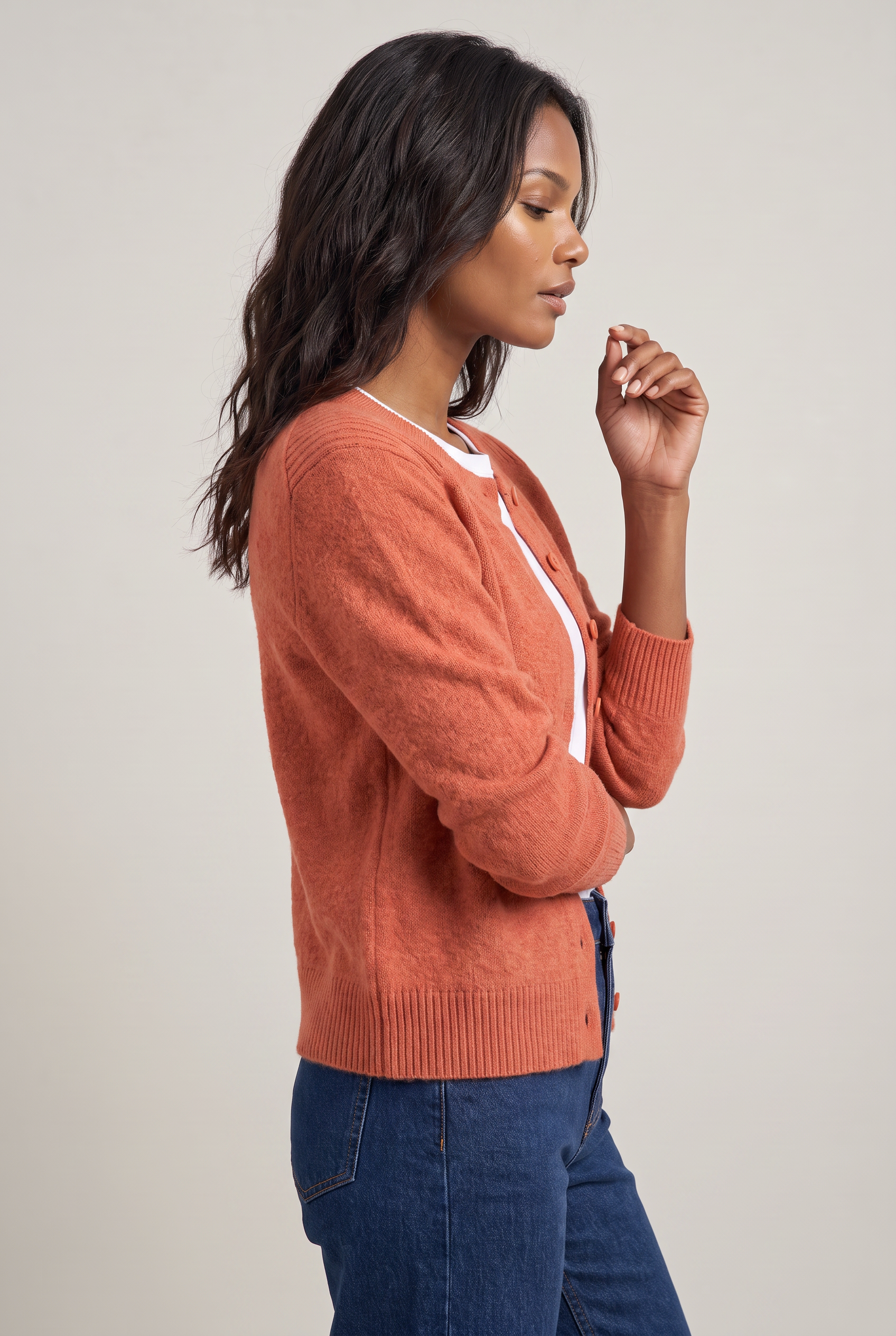 Women's Cropped Button Cardigan – Crew Neck Knitted Long Sleeve Jumper