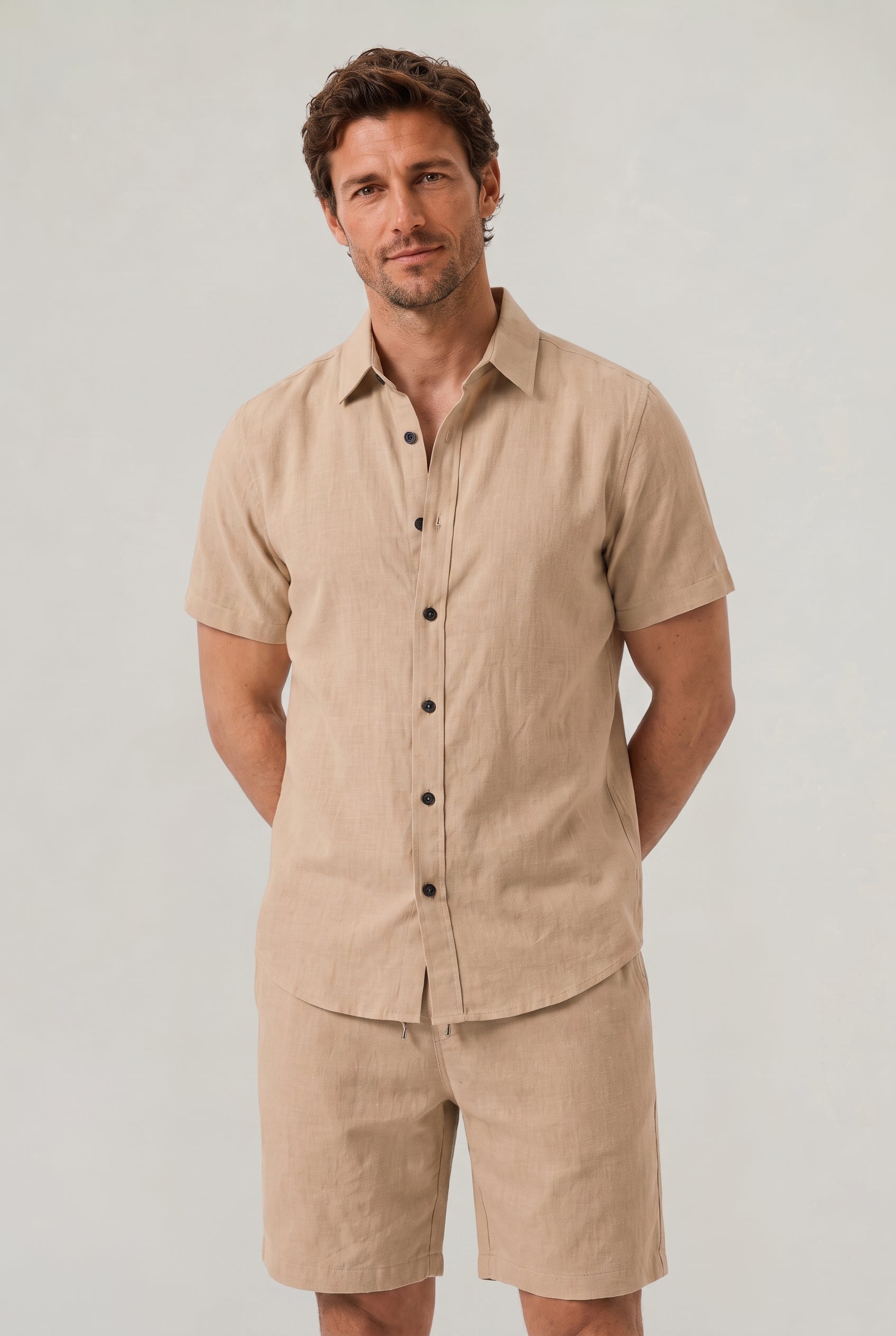 Men's Linen Buttoned Short Sleeve Shirt and Shorts Two Piece Set