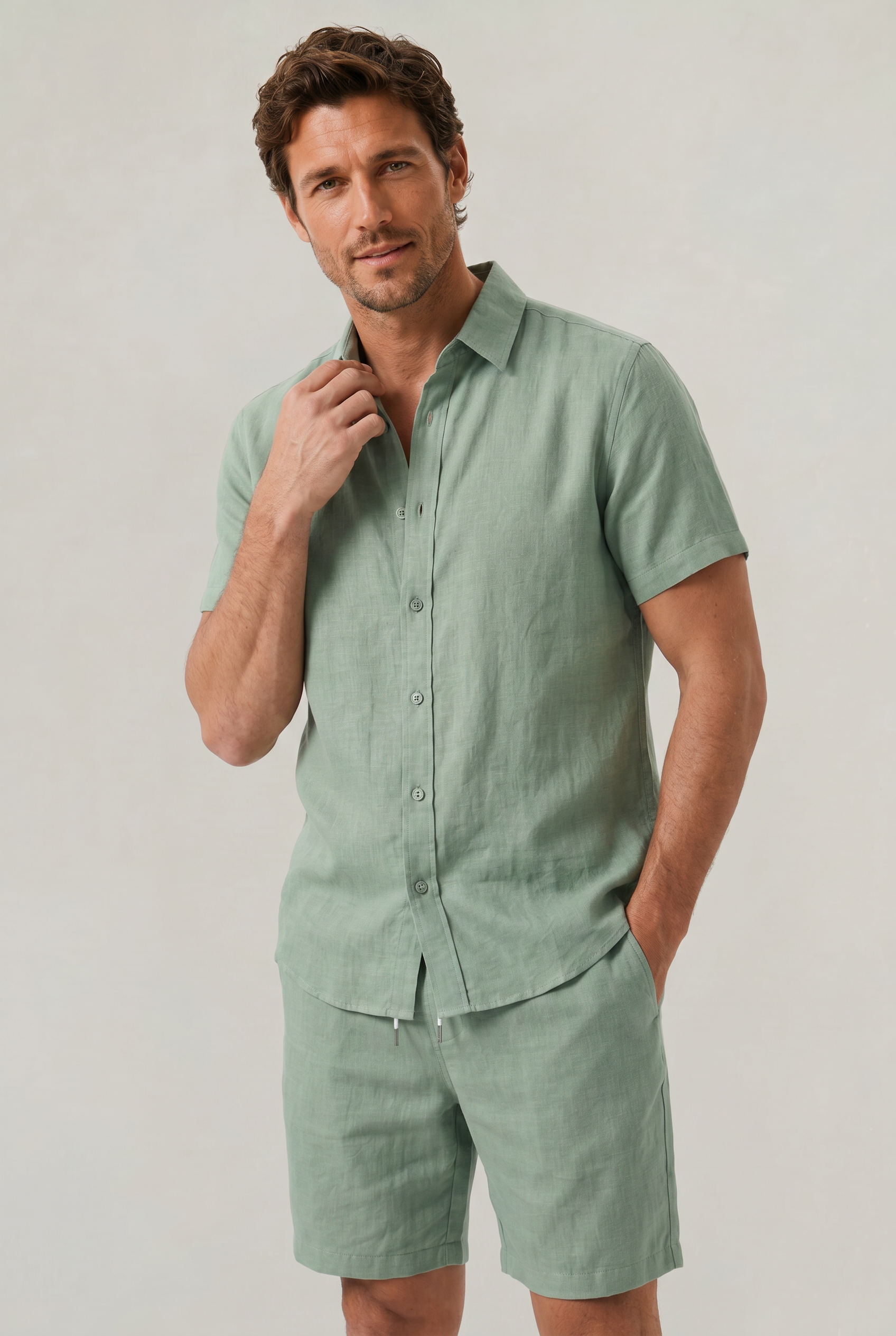 Men's Linen Buttoned Short Sleeve Shirt and Shorts Two Piece Set
