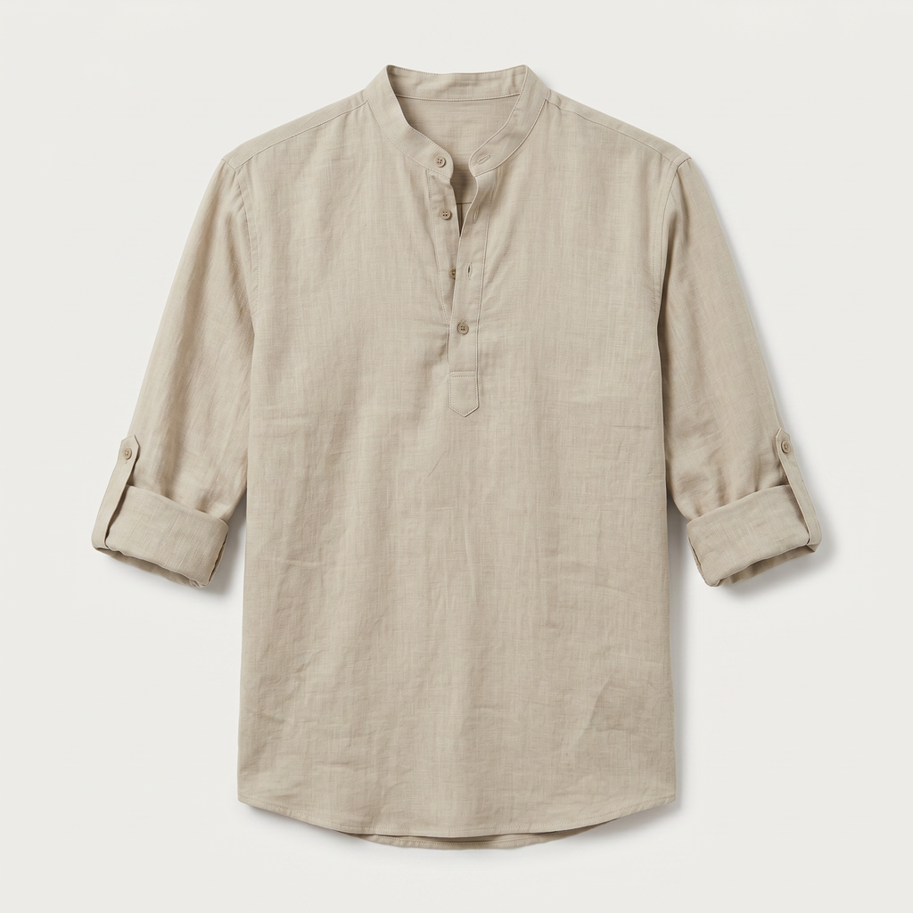 Men's Linen Henley Shirt - Grandad Collar Roll Up Sleeve Casual Summer Shirt