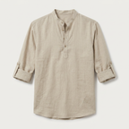 Men's Linen Henley Shirt - Grandad Collar Roll Up Sleeve Casual Summer Shirt