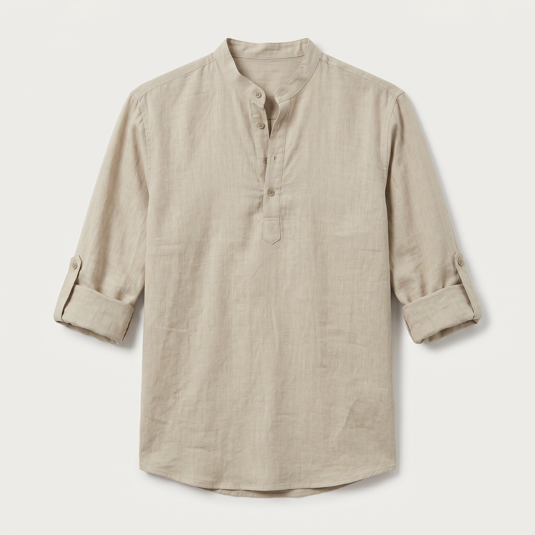 Men's Linen Henley Shirt - Grandad Collar Roll Up Sleeve Casual Summer Shirt