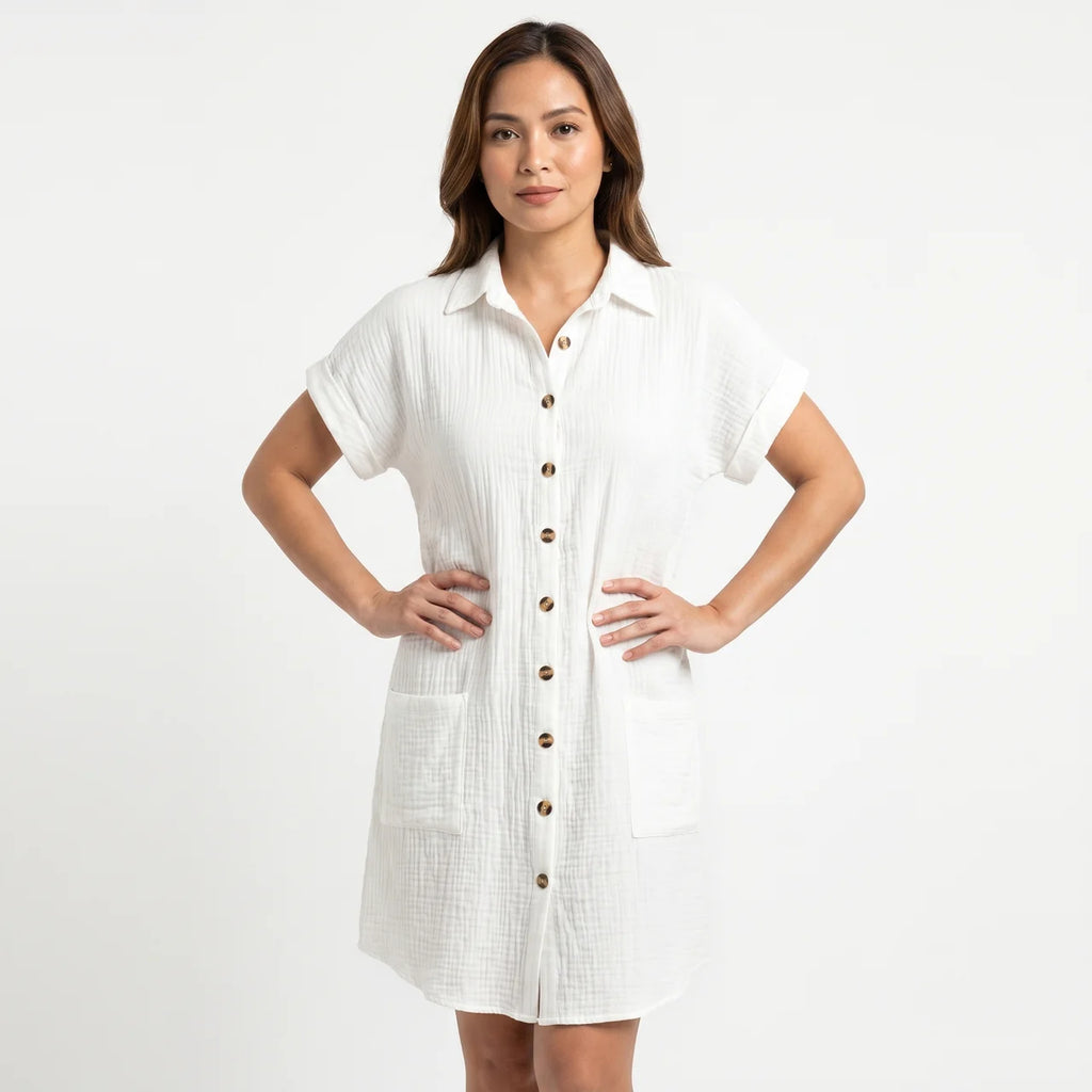 Women's Cotton Gauze Button Down Shirt Midi Dress