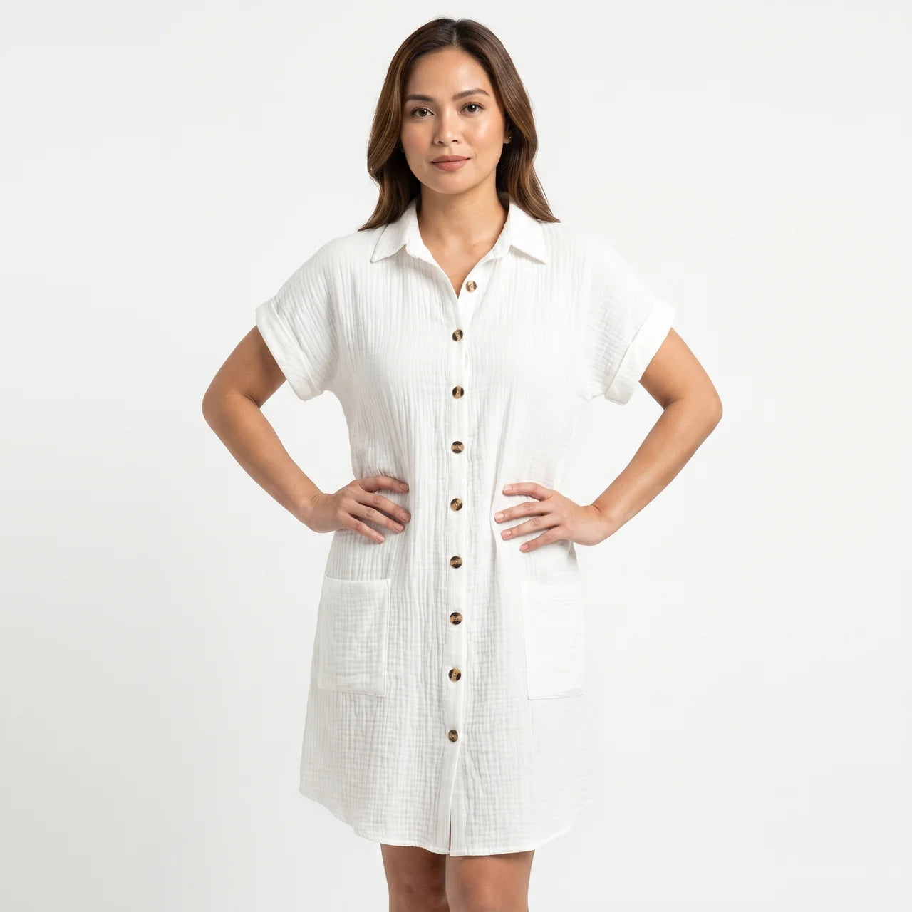 Women's Cotton Gauze Button Down Shirt Midi Dress
