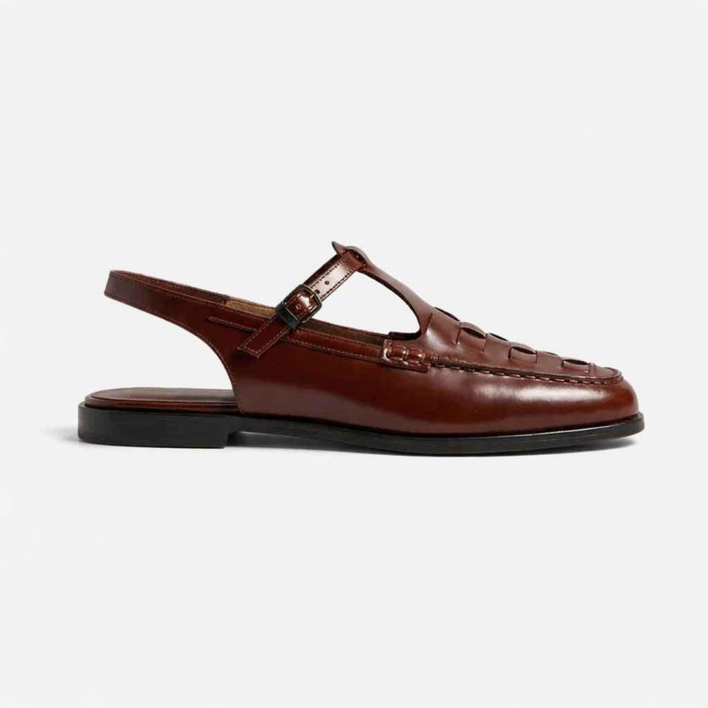 Women's Woven Leather Slingback Sandals - Flat Buckle T-Bar Loafer Sandals