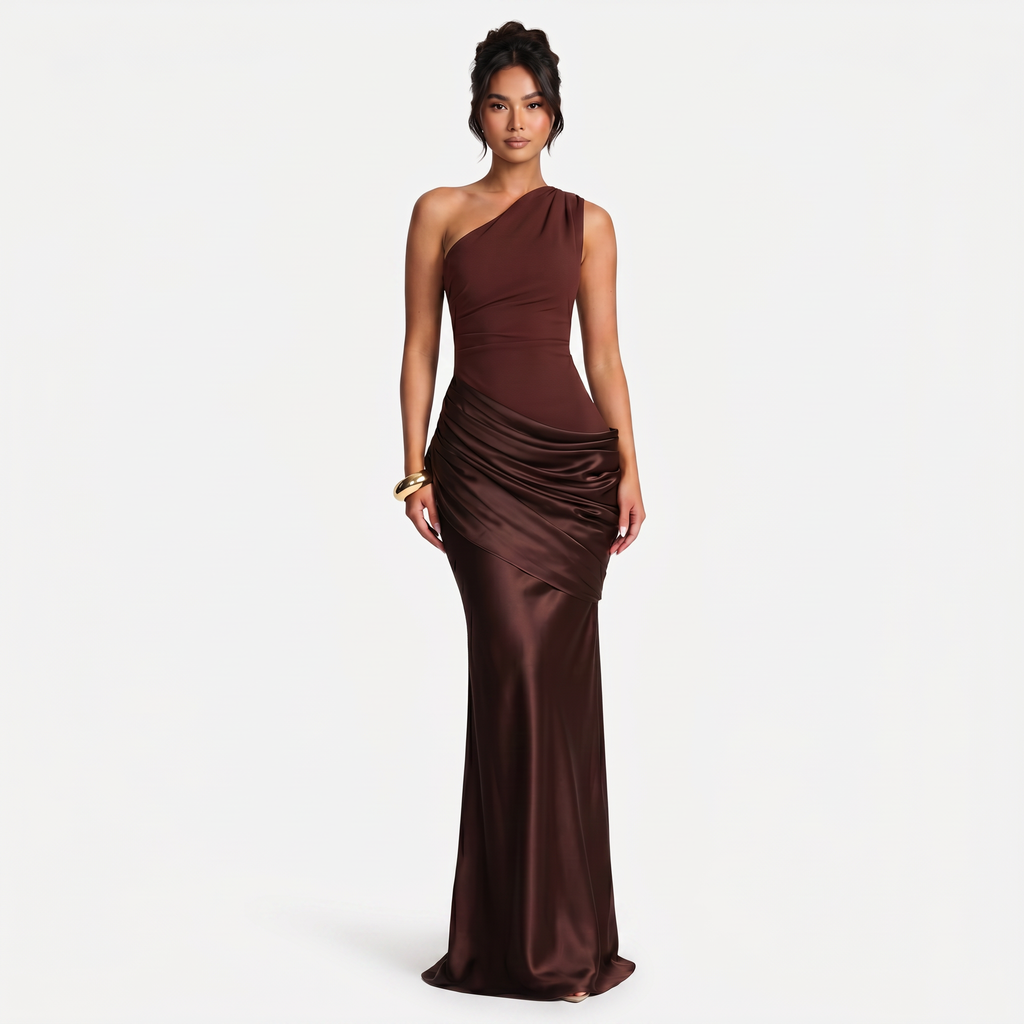 Women's One Shoulder Draped Satin Maxi Dress