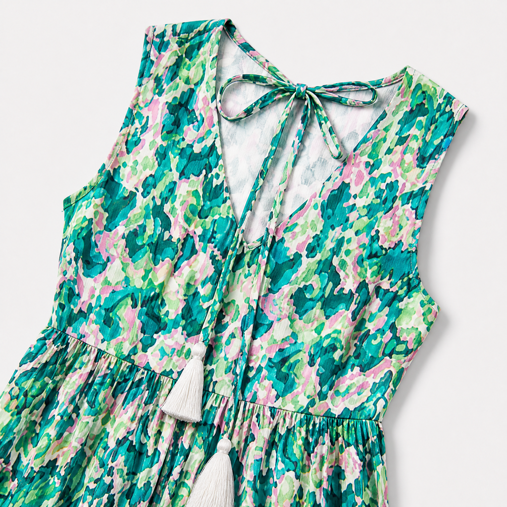 Women's Sleeveless Floral Print Tie Neck Boho Maxi Dress