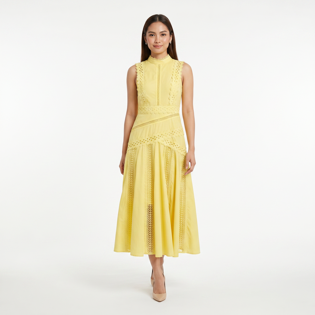Women's Sleeveless Lace Panel Midi Dress