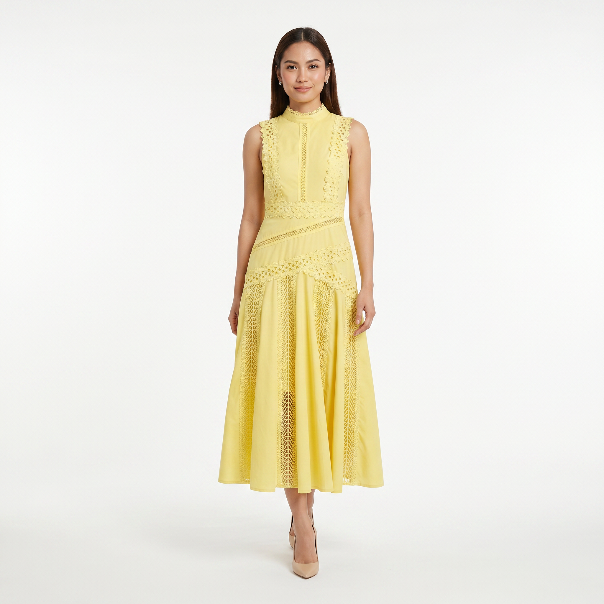 Women's Sleeveless Lace Panel Midi Dress