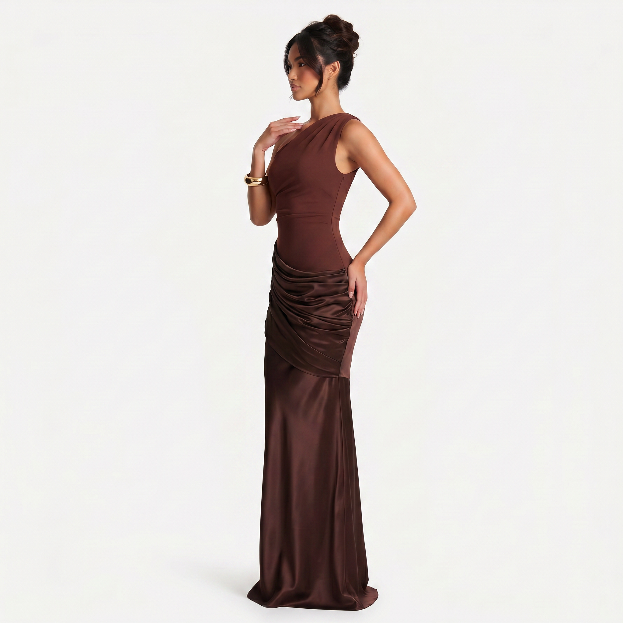 Women's One Shoulder Draped Satin Maxi Dress