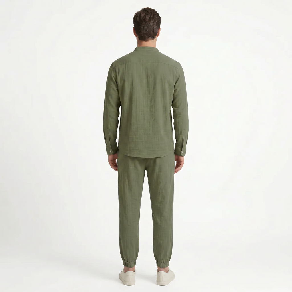 Birchbourne - Men’s Summer Linen Stand Collar Half Button Top and Drawstring Pants Set