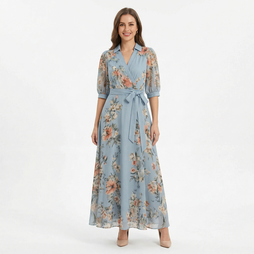 Women's V-neck Floral Wrap Maxi Dress