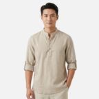 Men's Linen Henley Shirt - Grandad Collar Roll Up Sleeve Casual Summer Shirt