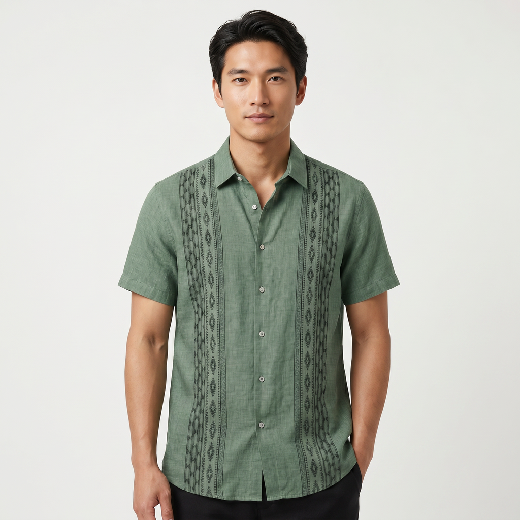 Men's Green Embroidered Shirt - Short Sleeve Aztec Print Button Up Summer Shirt