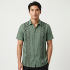 Men's Green Embroidered Shirt - Short Sleeve Aztec Print Button Up Summer Shirt