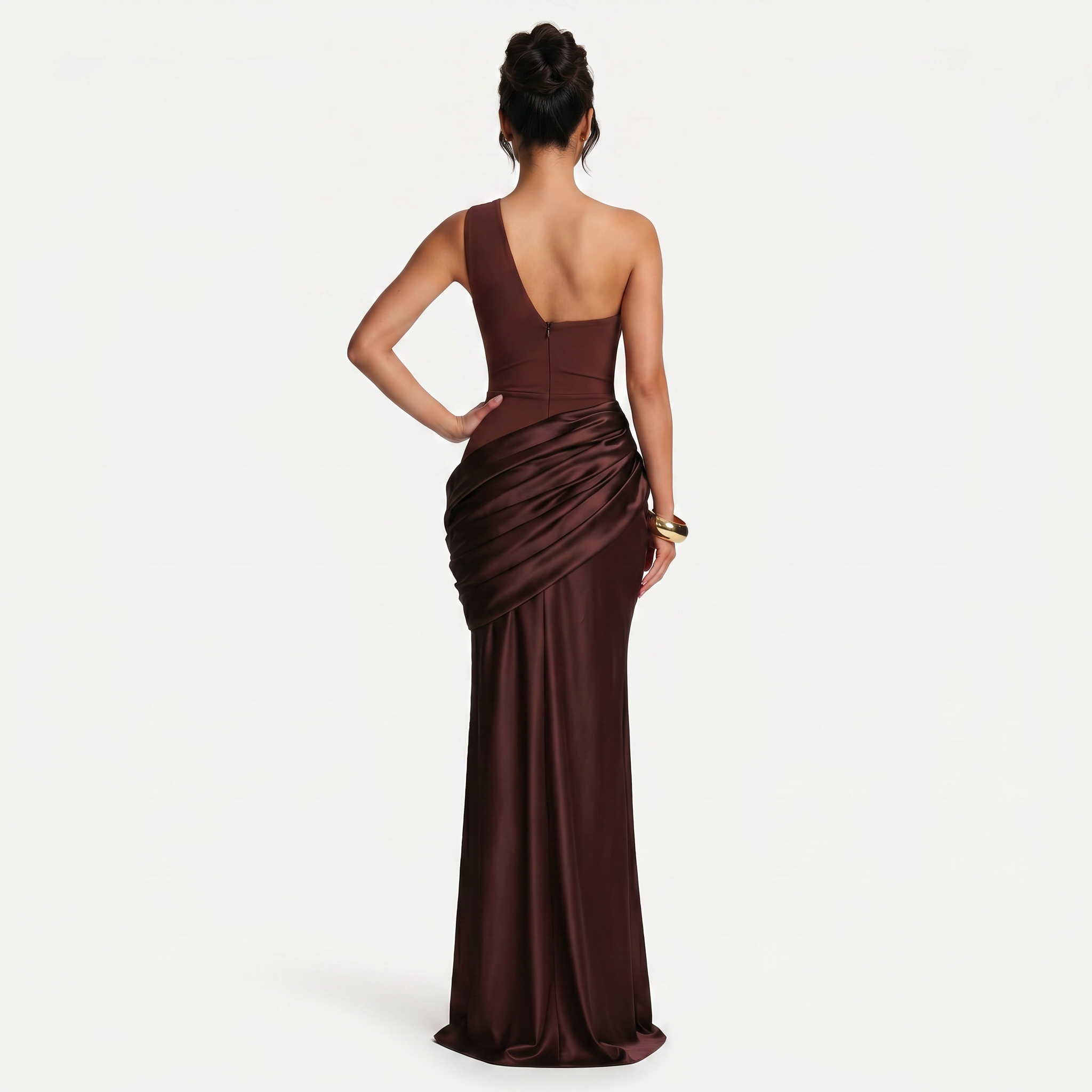 Women's One Shoulder Draped Satin Maxi Dress