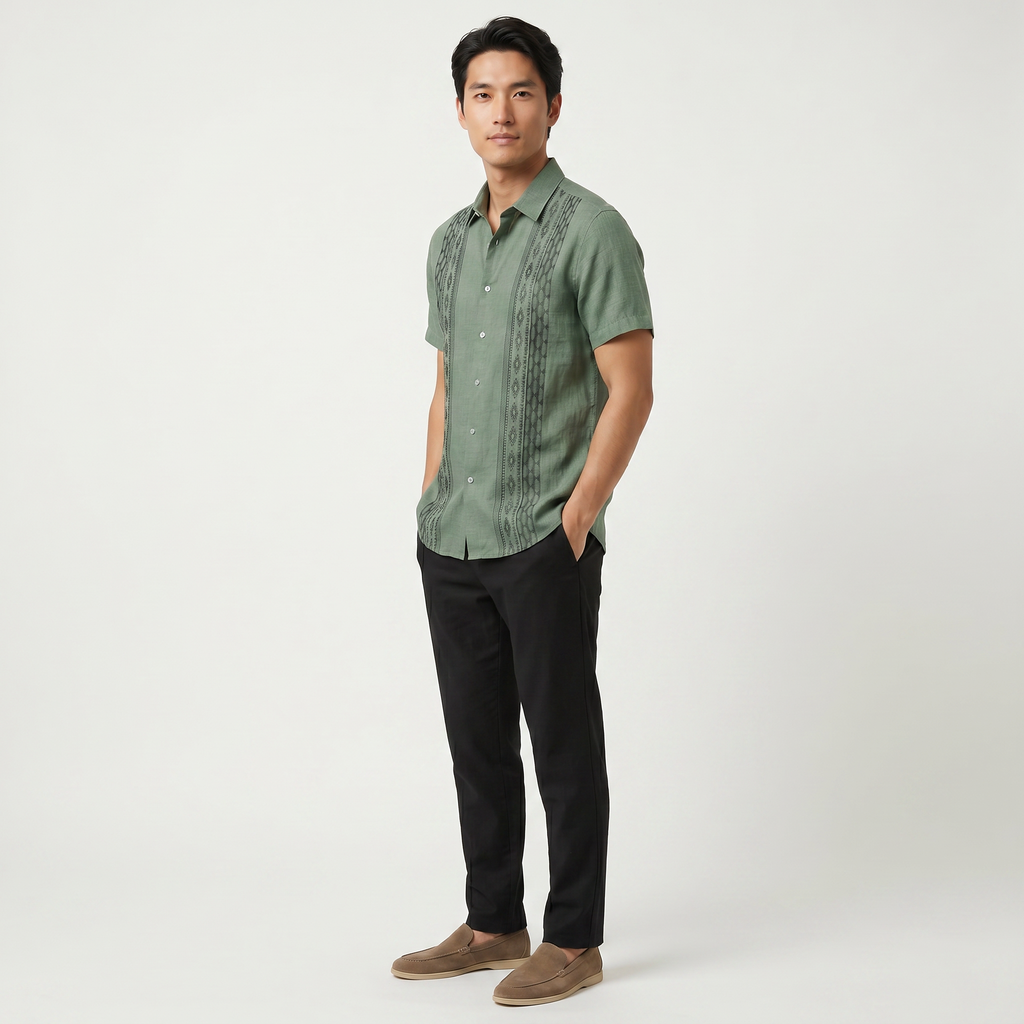 Men's Green Embroidered Shirt - Short Sleeve Aztec Print Button Up Summer Shirt