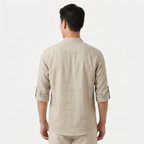 Men's Linen Henley Shirt - Grandad Collar Roll Up Sleeve Casual Summer Shirt