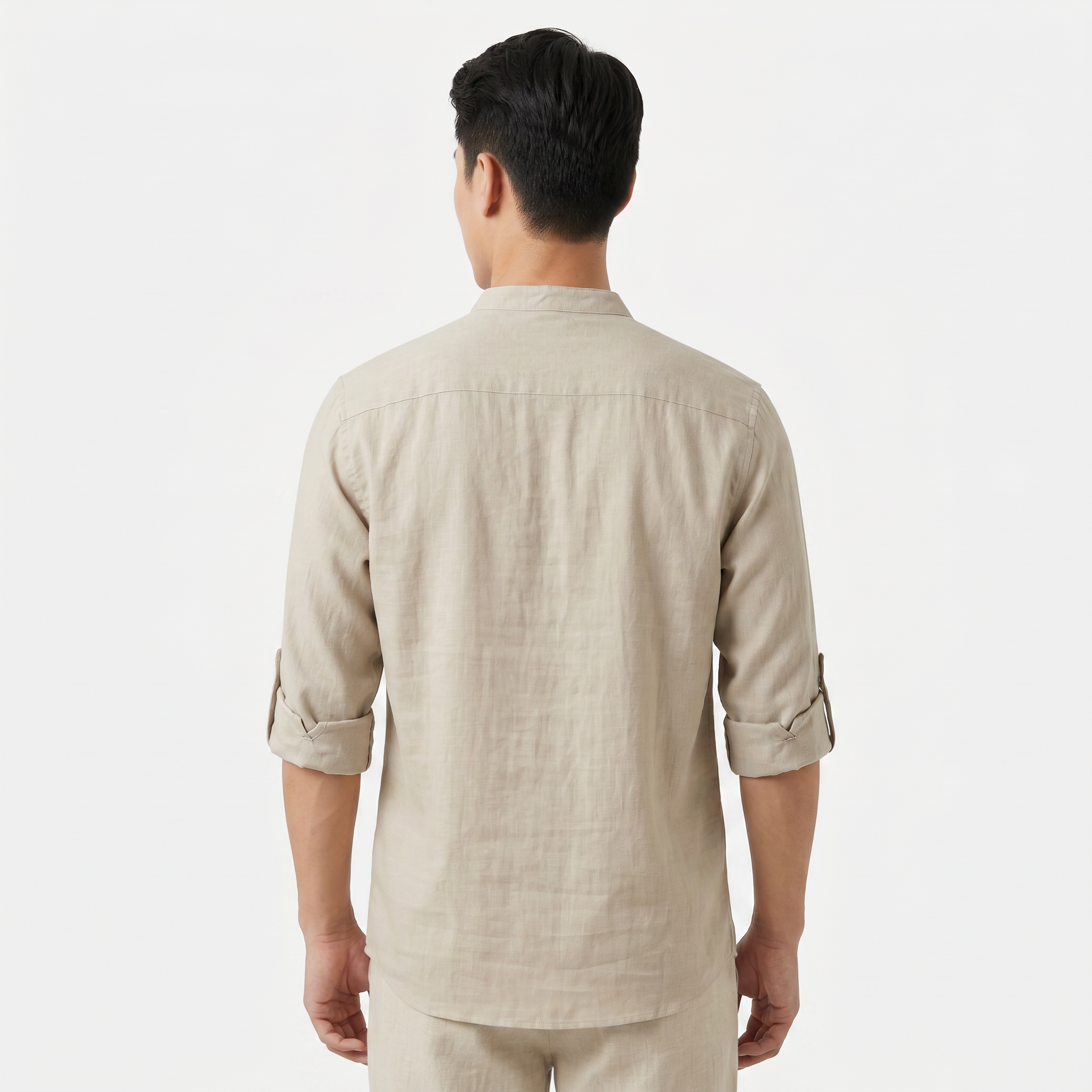 Men's Linen Henley Shirt - Grandad Collar Roll Up Sleeve Casual Summer Shirt