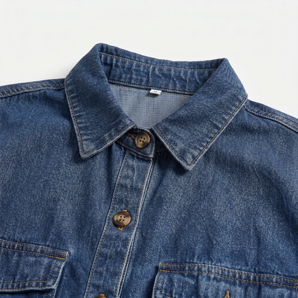 Women's Denim Short Sleeve Shirt and Shorts Two Piece Set