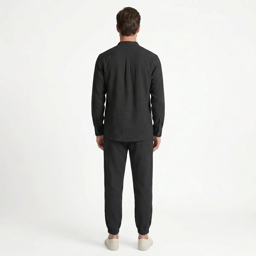 Birchbourne - Men’s Summer Linen Stand Collar Half Button Top and Drawstring Pants Set
