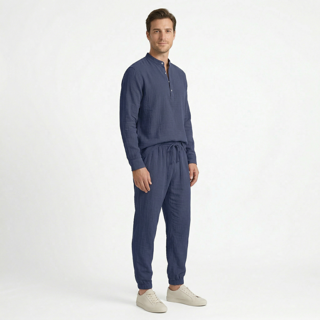Birchbourne - Men’s Linen Stand Collar Half Button Top and Drawstring Pants Set